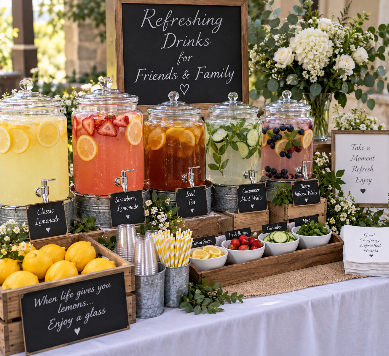 A display of five large glass beverage dispensers filled with colorful fruit-infused drinks, labeled as classic lemonade, strawberry lemonade, iced tea, cucumber mint water, and berry-infused water, with lemons, strawberries, fresh berries, cucumbers