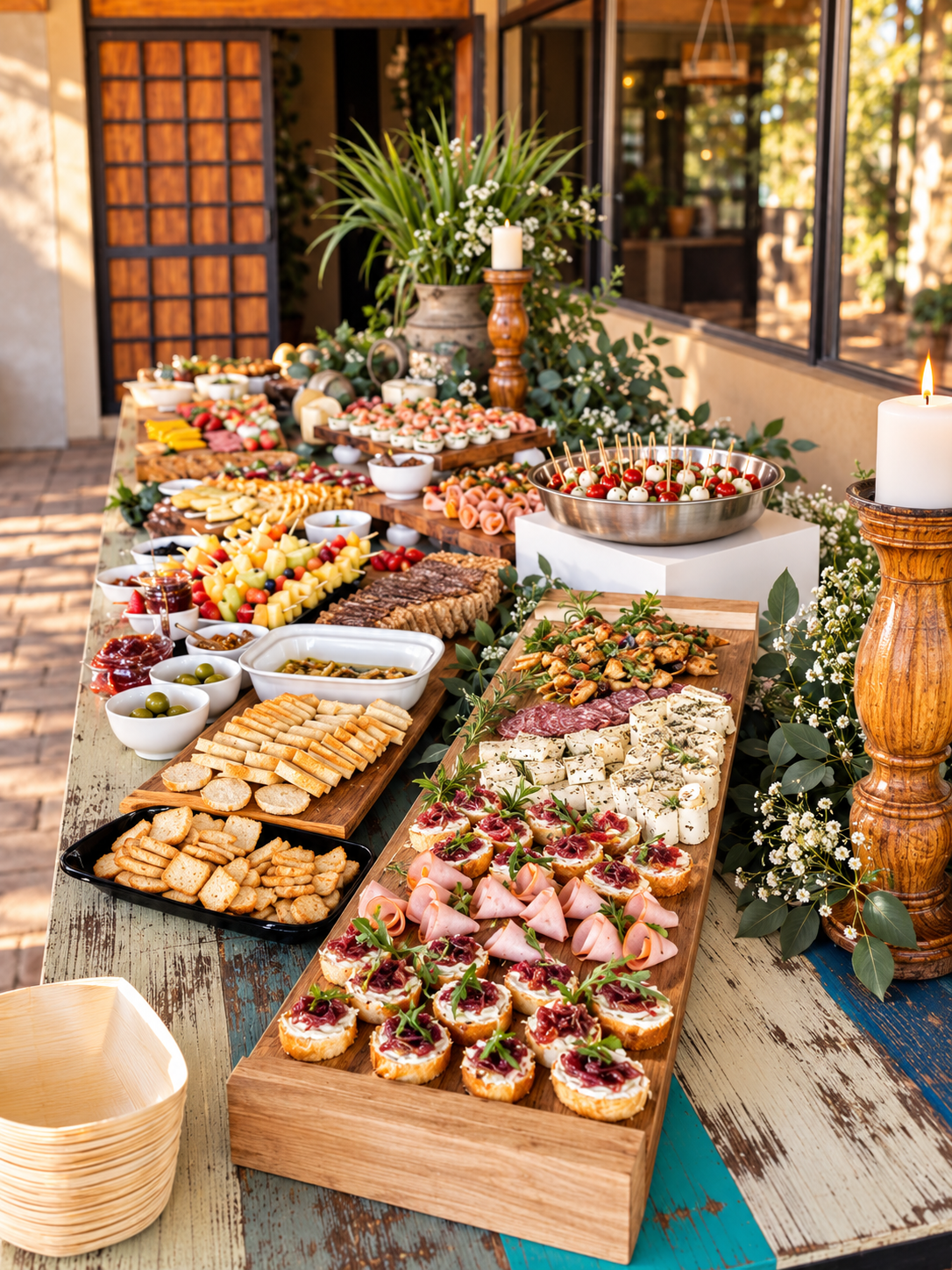 A long outdoor table decorated with greenery and white flowers holds a variety of appetizers and finger foods at a party or gathering, including cheese, crackers, fruit, and small cake and meat bites, with candles and large potted plants in the backg