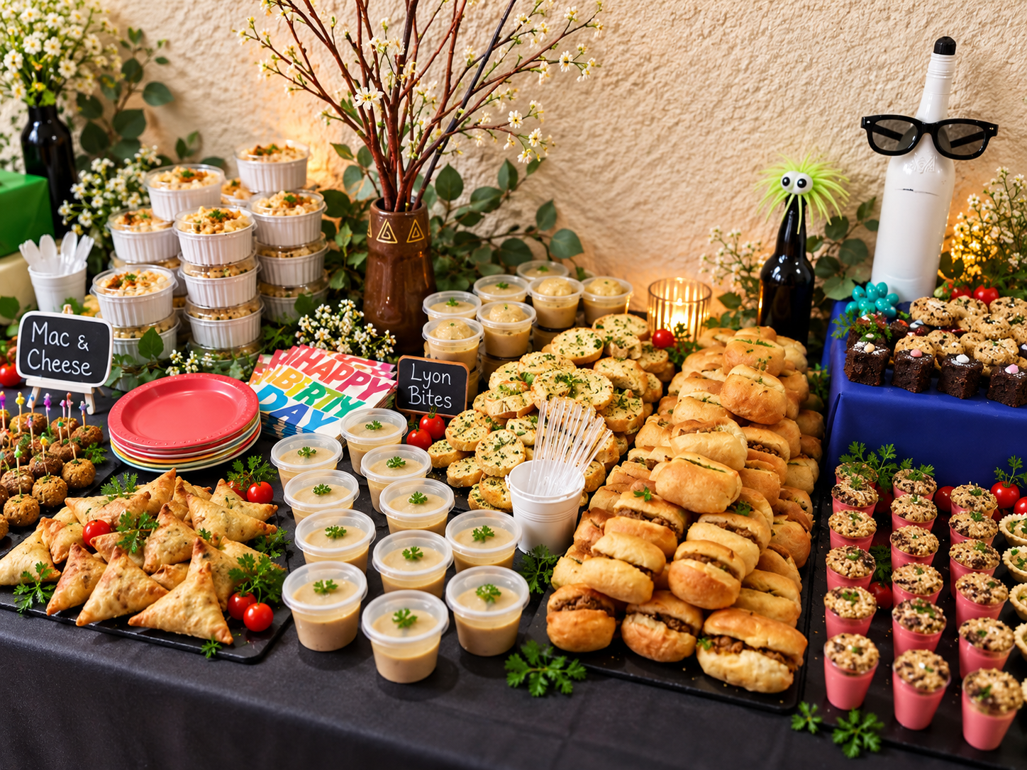 A party buffet table with various appetizers, desserts, and snacks. Includes mini sandwiches, samosas, dip cups, cupcakes, and other finger foods, decorated with flowers and small signs indicating food types and a "Happy Birthday" napkin.
