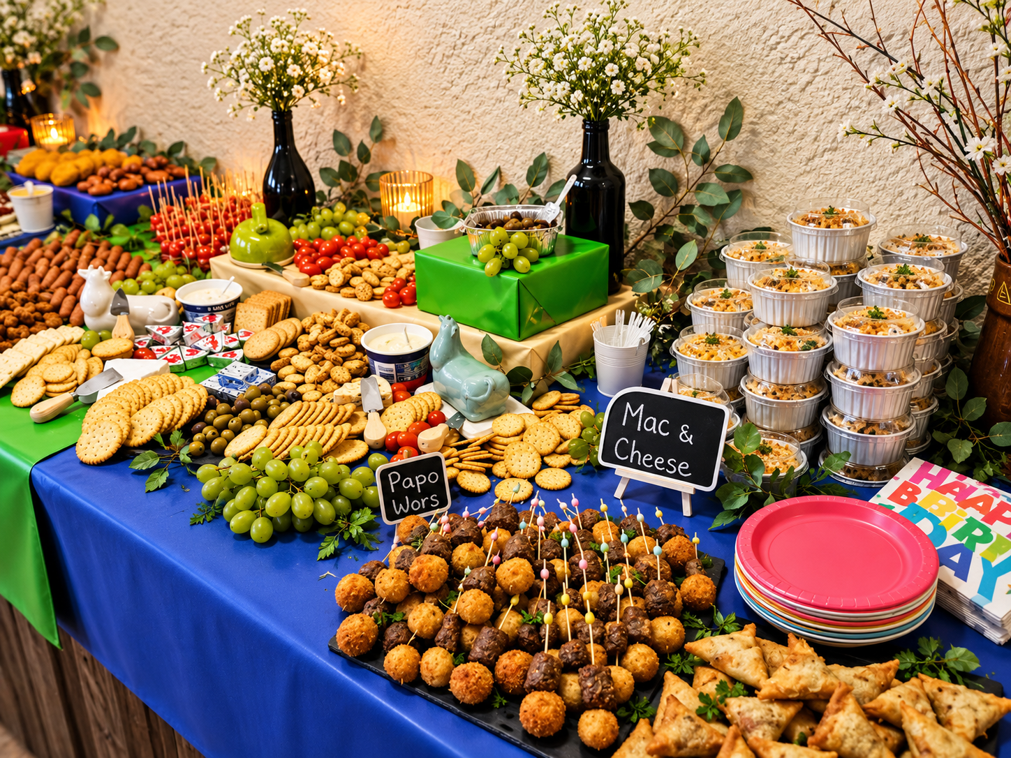A festive party table with food and snacks, including crackers, grapes, cherry tomatoes, cookies, dip bowls, and skewers of meatballs. There are signs labeling "Papo Wors" and "Mac & Cheese," along with decorative greenery, vases with flowers, birthd