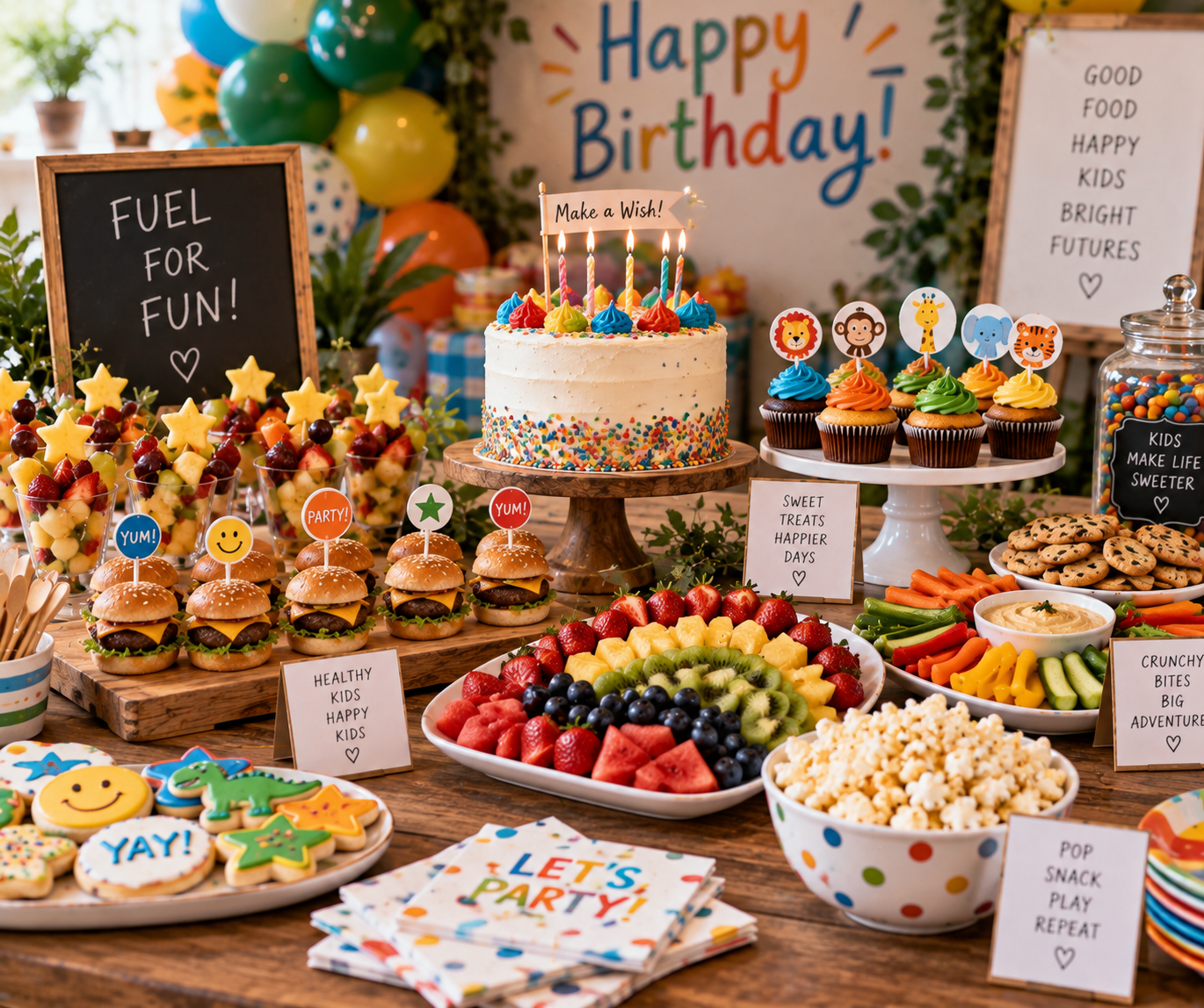Colorful birthday party table with various desserts, cupcakes with animal toppers, a birthday cake with candles, fruit platter, popcorn, cookies, and signs with happy messages and celebration themes.