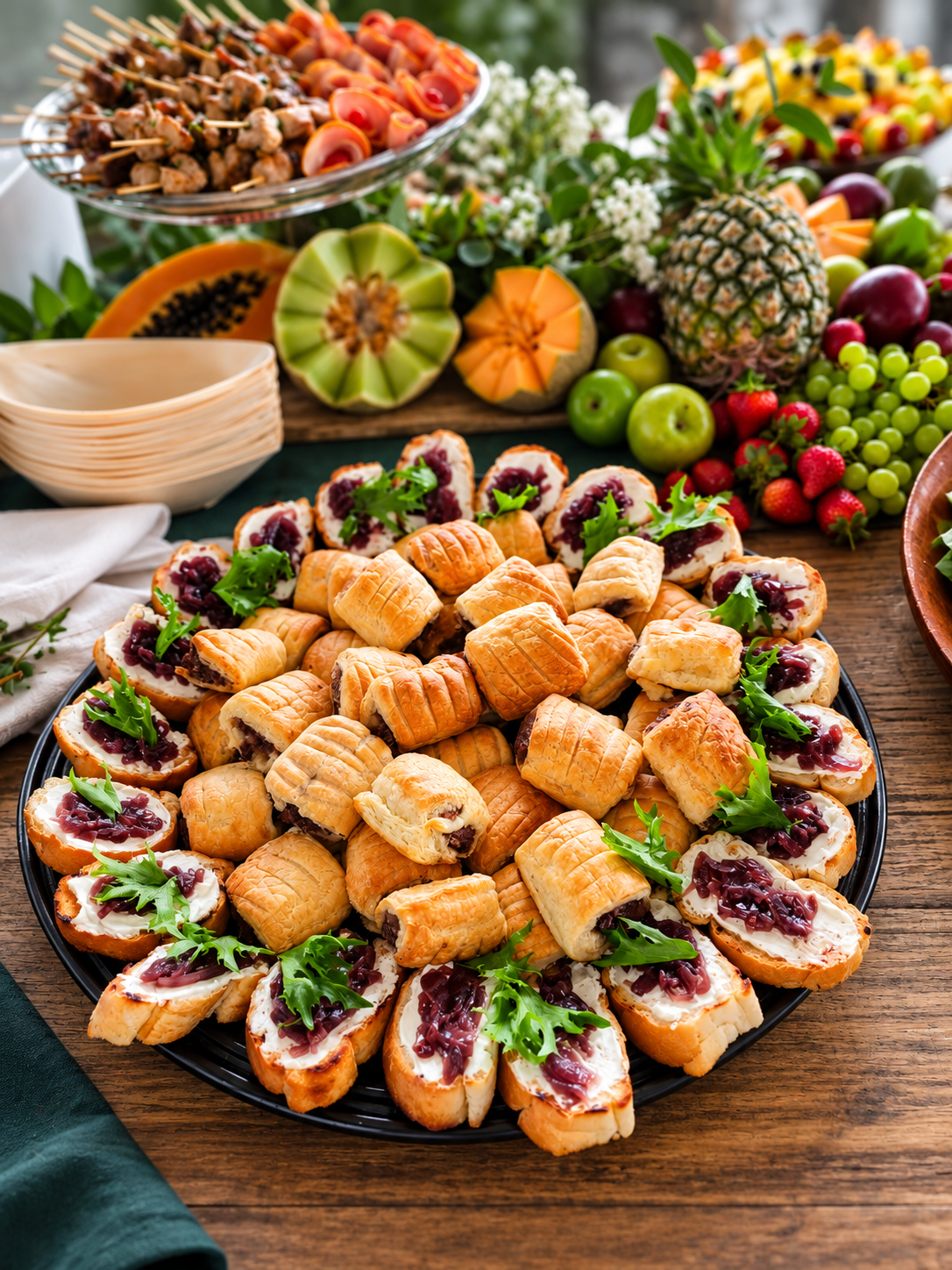 Assorted pastries, including small tarts with cream and berry filling, are arranged on a black platter surrounded by fresh fruits like grapes, strawberries, apples, pineapple, and sliced melons on a wooden table.