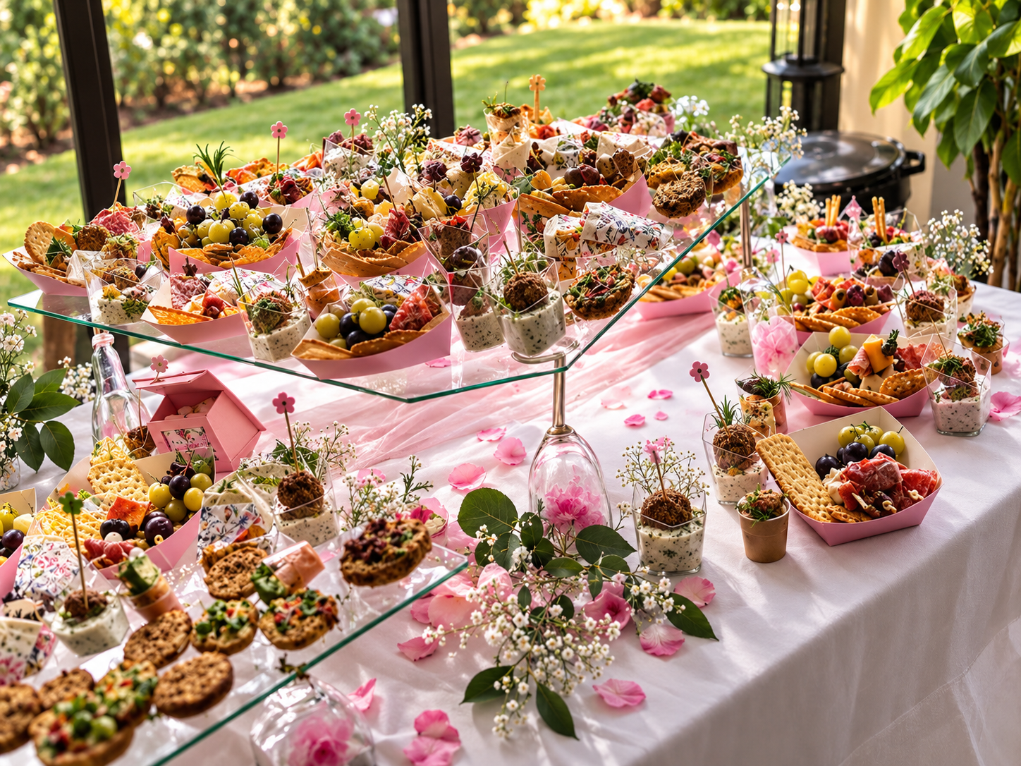A table filled with assorted fruit and dessert snacks, decorated with pink flower petals and greenery, set in a bright room with large windows and a garden view.