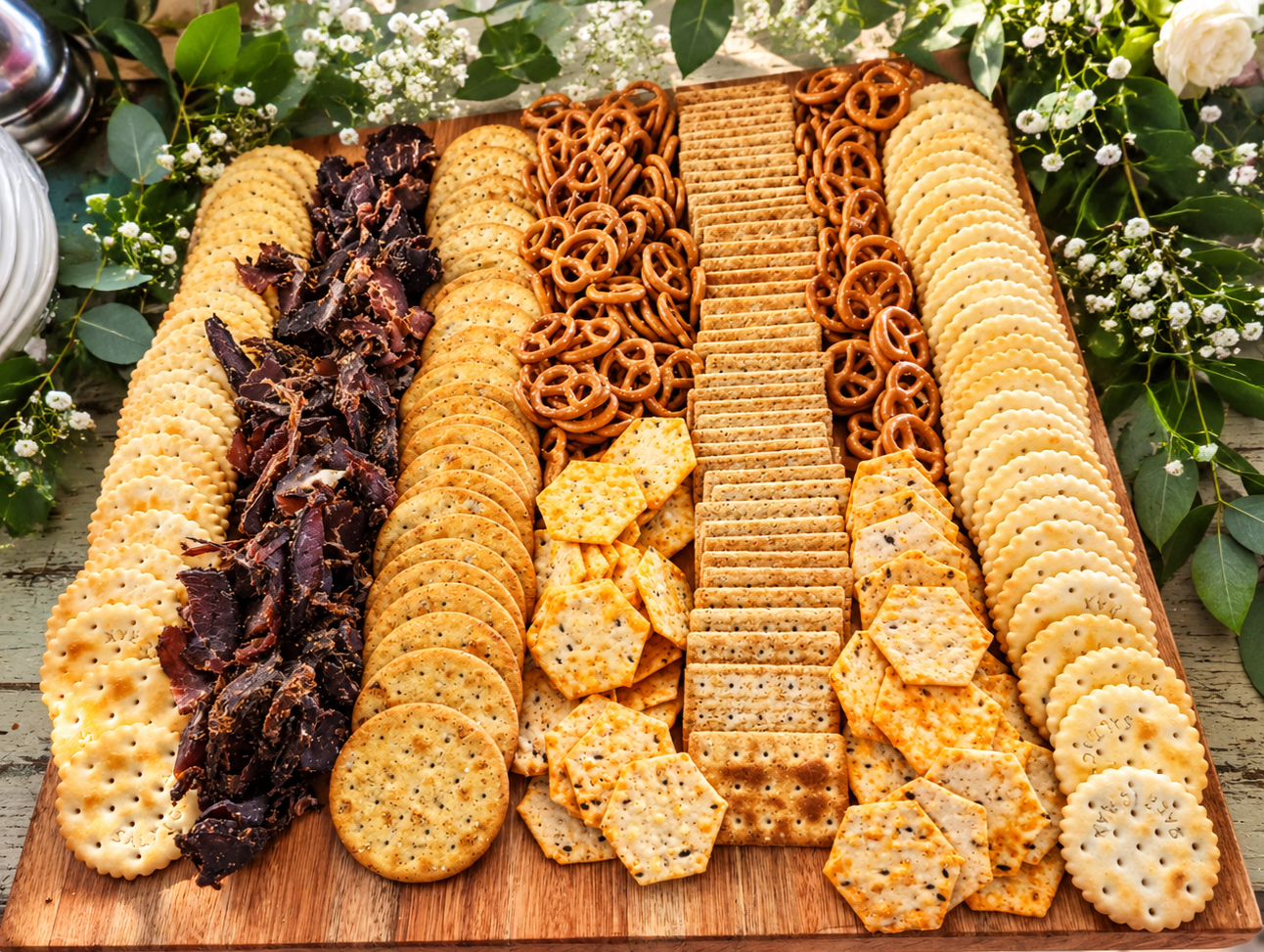 Assorted crackers and pretzels on a wooden board, decorated with green leaves and small white flowers.