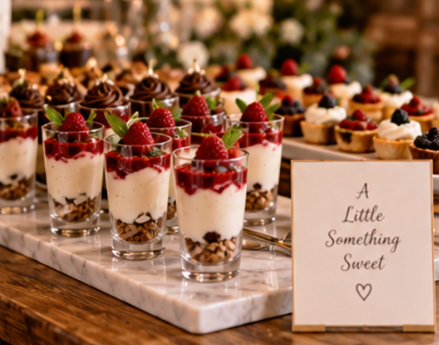 Row of individual cheesecakes topped with berries and mint on a marble tray at a dessert display.