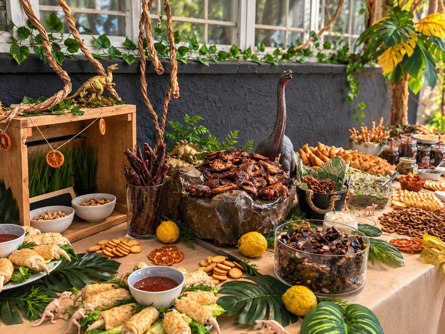 Decorative feast table with dinosaur-themed decorations, including toy dinosaurs, food items resembling fossils and prehistoric creatures, and tropical plants, creating a jungle -themed party setting.