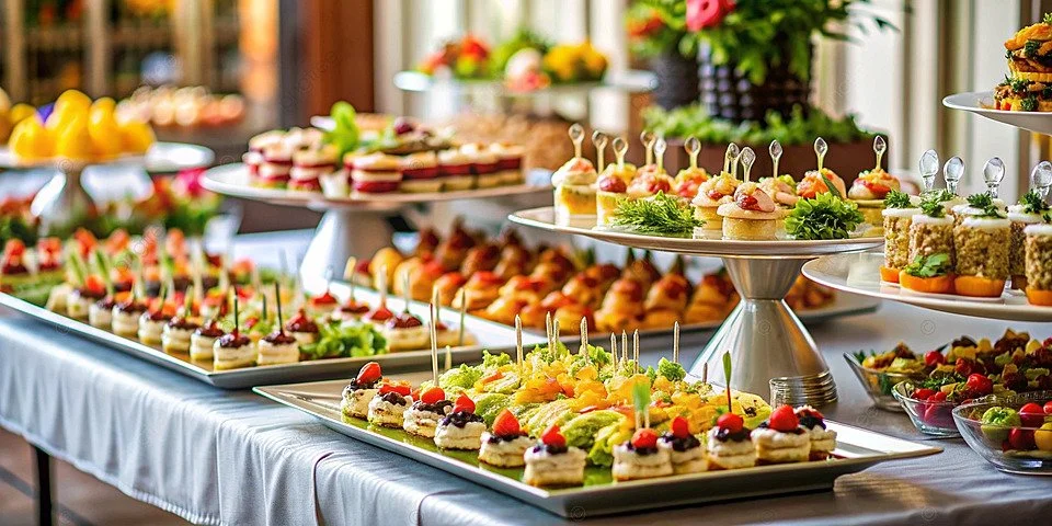 Assorted appetizers and desserts on a buffet table, including mini sandwiches, fruit-topped skewers, and finger foods, set in a bright, elegant dining area.