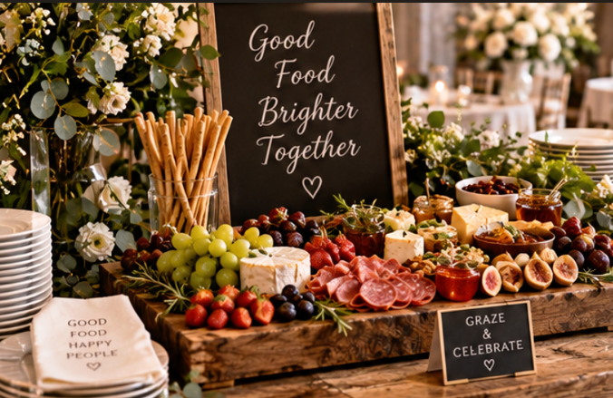 A wooden table with a cheese and charcuterie platter, grapes, cherry tomatoes, figs, and small bowls of spreads. A chalkboard sign reads 'Good Food Brighter Together.' Decorated with white flowers and greenery, and a small black sign says 'GRAZE & CE