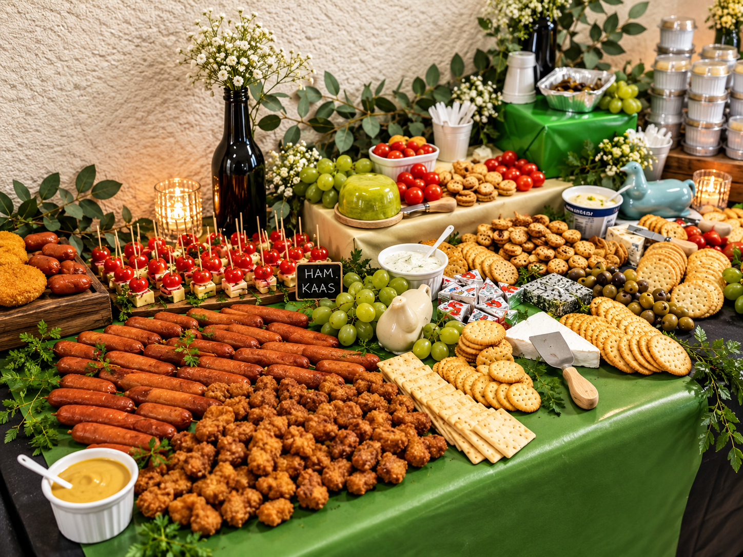 A table of appetizers including sausages, chicken bites, cherry tomatoes, grapes, cheese, crackers, cookies, and dips, decorated with greenery, flowers, and candles.