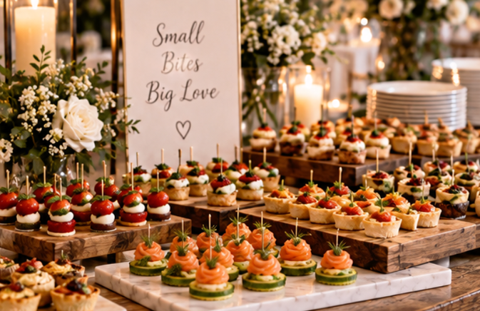 Dessert table with assorted appetizers and sweets, candles, flowers, and a sign that says 'Small Bites Big Love'.