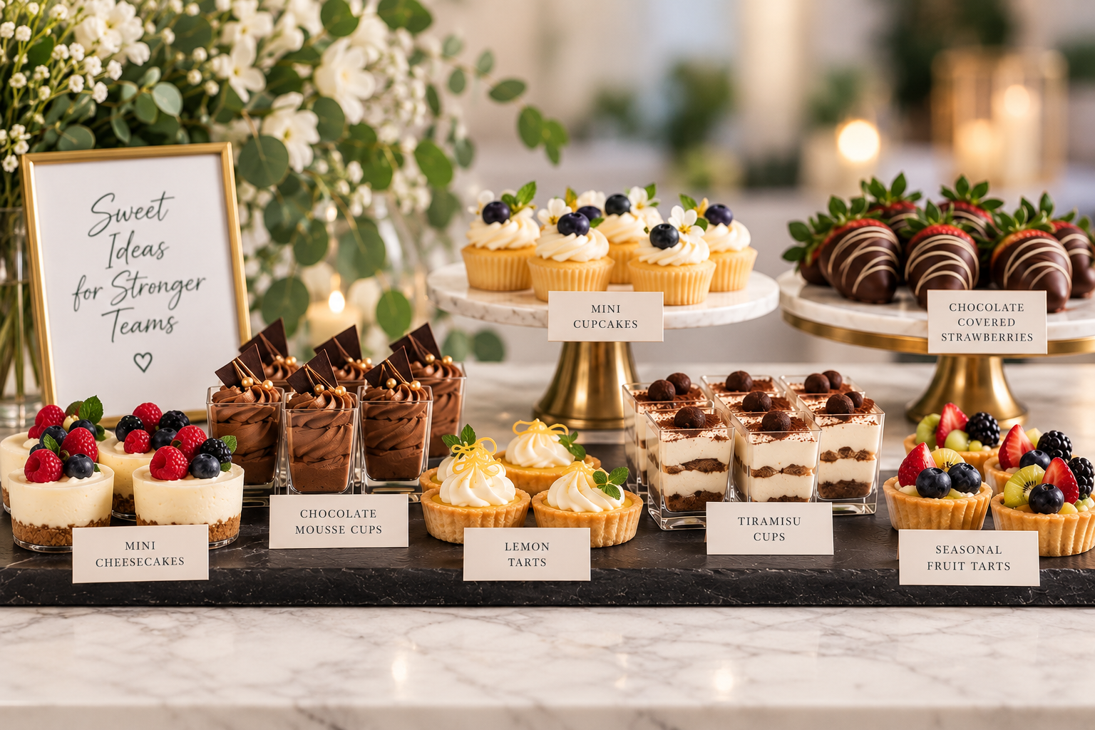 An assortment of desserts including mini cheesecakes with berries, chocolate mousse cups, lemon tarts, tiramisu cups, seasonal fruit tarts, mini cupcakes, chocolate covered strawberries, and a sign with the message 'Sweet Ideas for Stronger Teams' fo