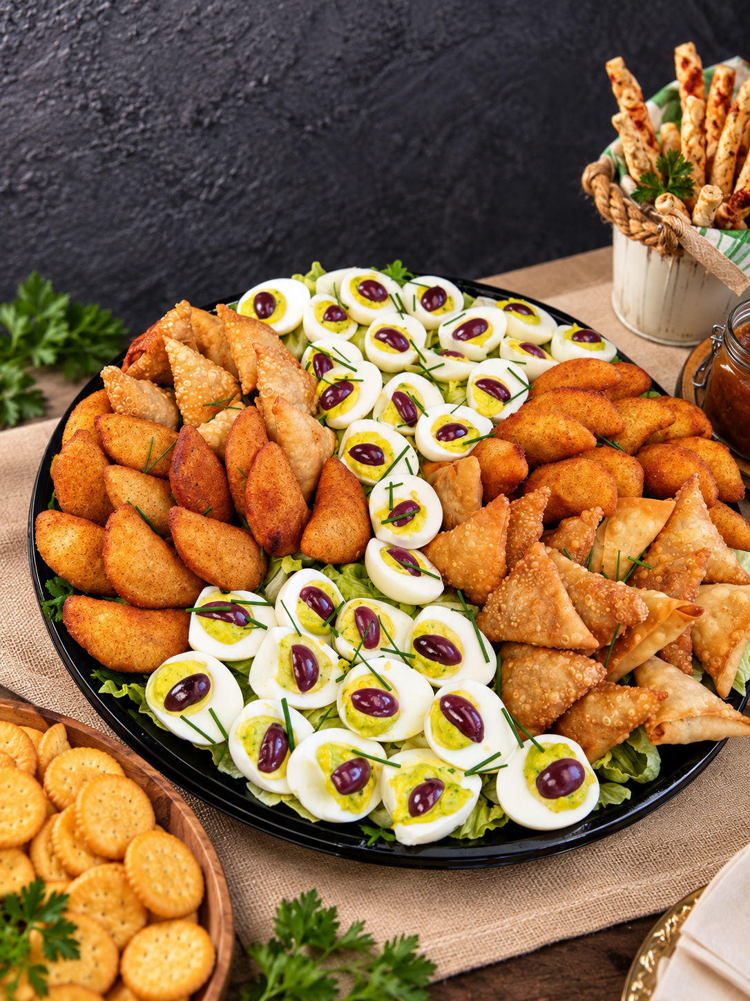 Assorted finger foods on a black platter, including deviled eggs with olives and chives, fried snacks, and samosas with a side of crackers on a wooden table.