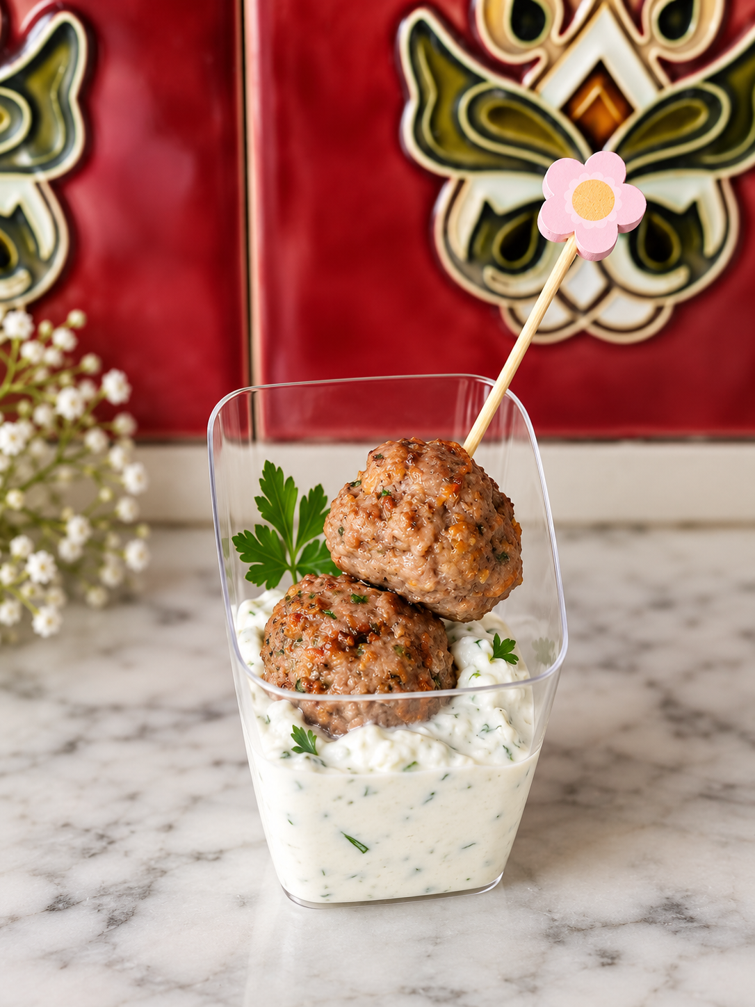 Meatballs served in a clear glass with creamy sauce and garnished with parsley, topped with a pink flower-shaped pick.