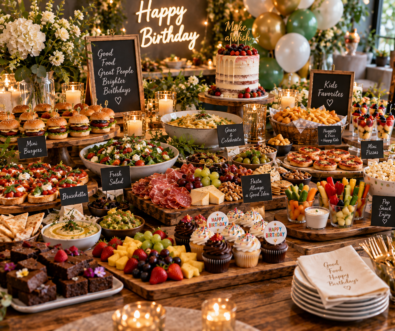 A festive birthday celebration spread with appetizers, desserts, and snacks on wooden tables, decorated with flowers, candles, balloons, and signs including 'Happy Birthday,' 'Good Food Great People Brighter Birthdays,' and 'Kids Favorites.'