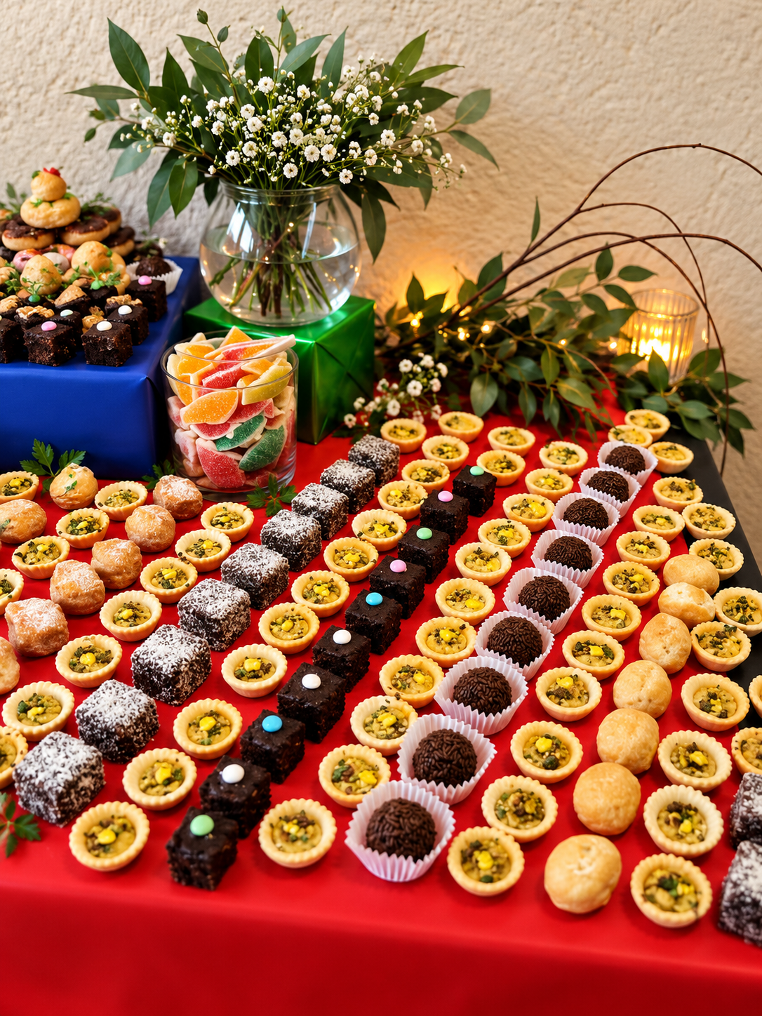 Dessert table with assorted sweets on red tablecloth, including mini tarts with green topping, chocolate truffles, coconut-covered squares, round pastry balls, and pastel gummy candies in a jar. Decorated with a large bouquet of white flowers, greene