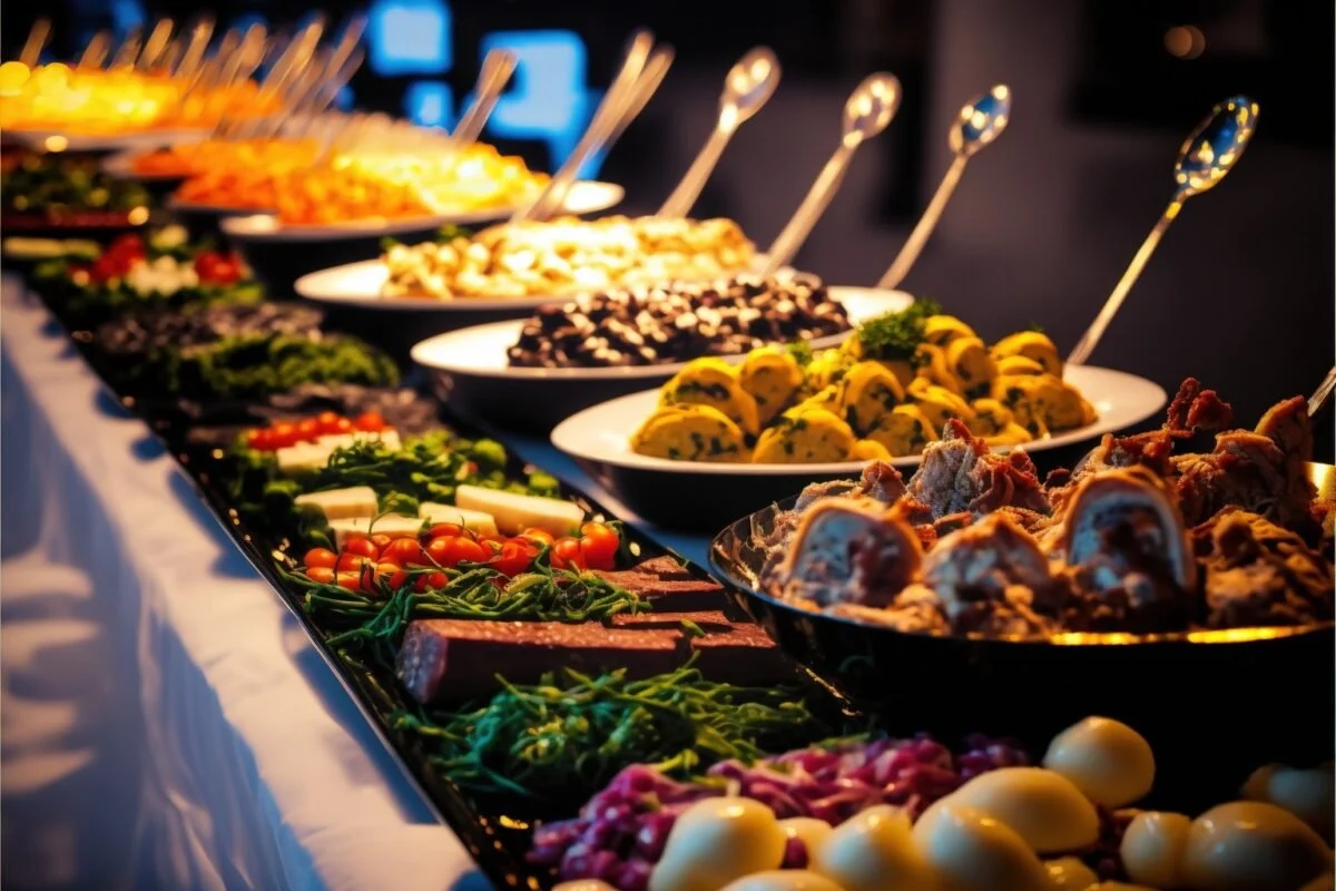 A buffet table with various dishes including salads, sliced meats, stuffed vegetables, and desserts, illuminated by warm lighting.