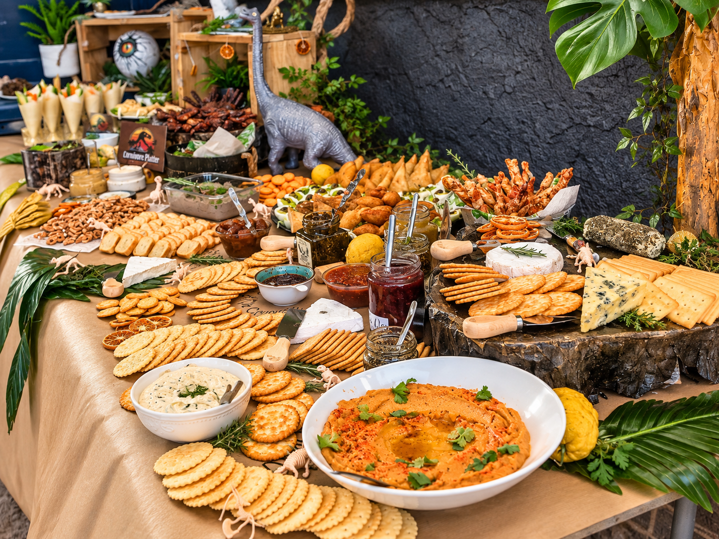 A table set with a variety of cheeses, crackers, fruit preserves, and snack foods, decorated with green leaves and small dinosaur figurines, likely for a themed party or gathering.