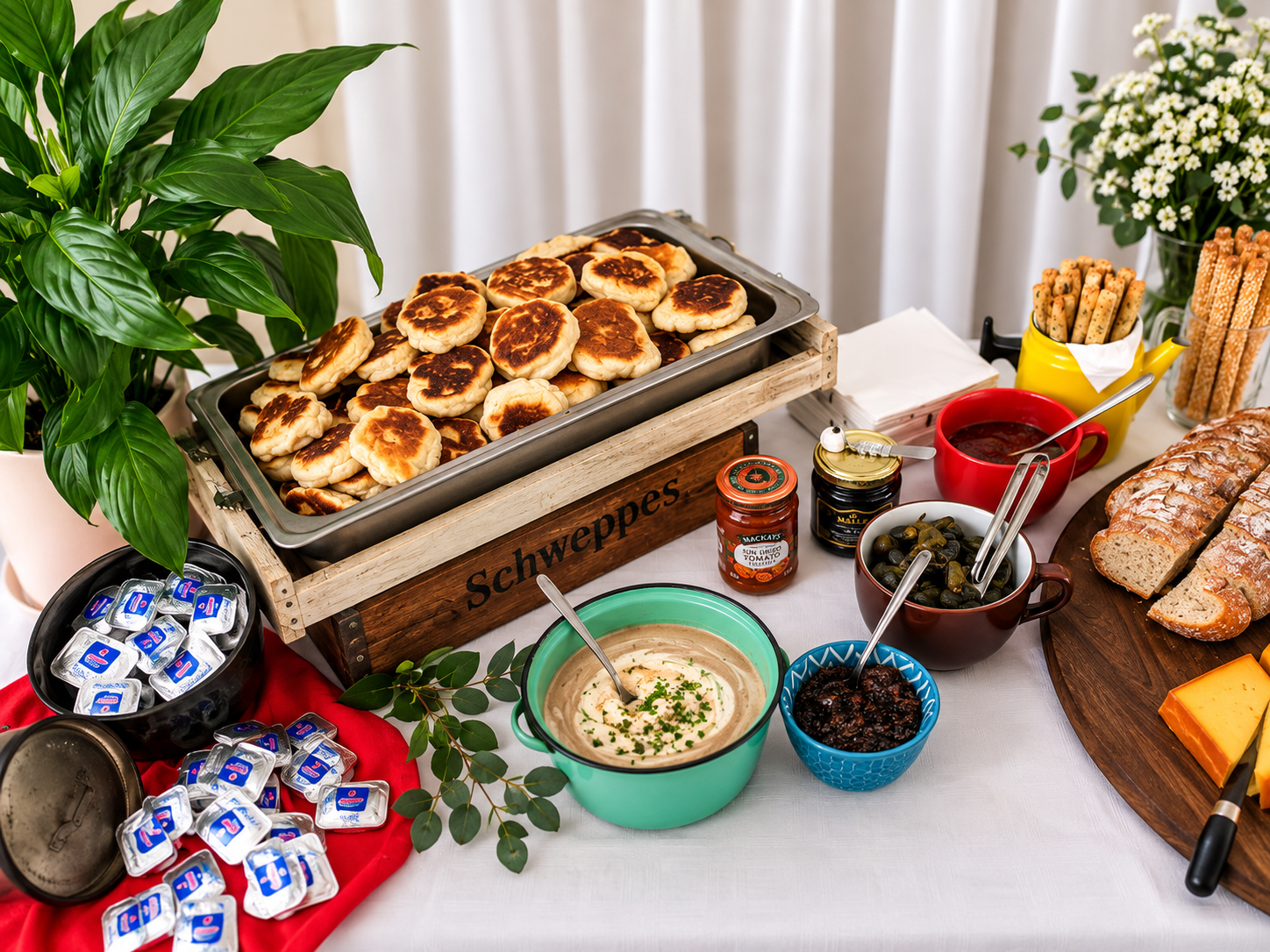 A lovely brunch spread with Freshly grilled roosterkoek , condiments, cheese, jam, pickles, butter, and baked goods.