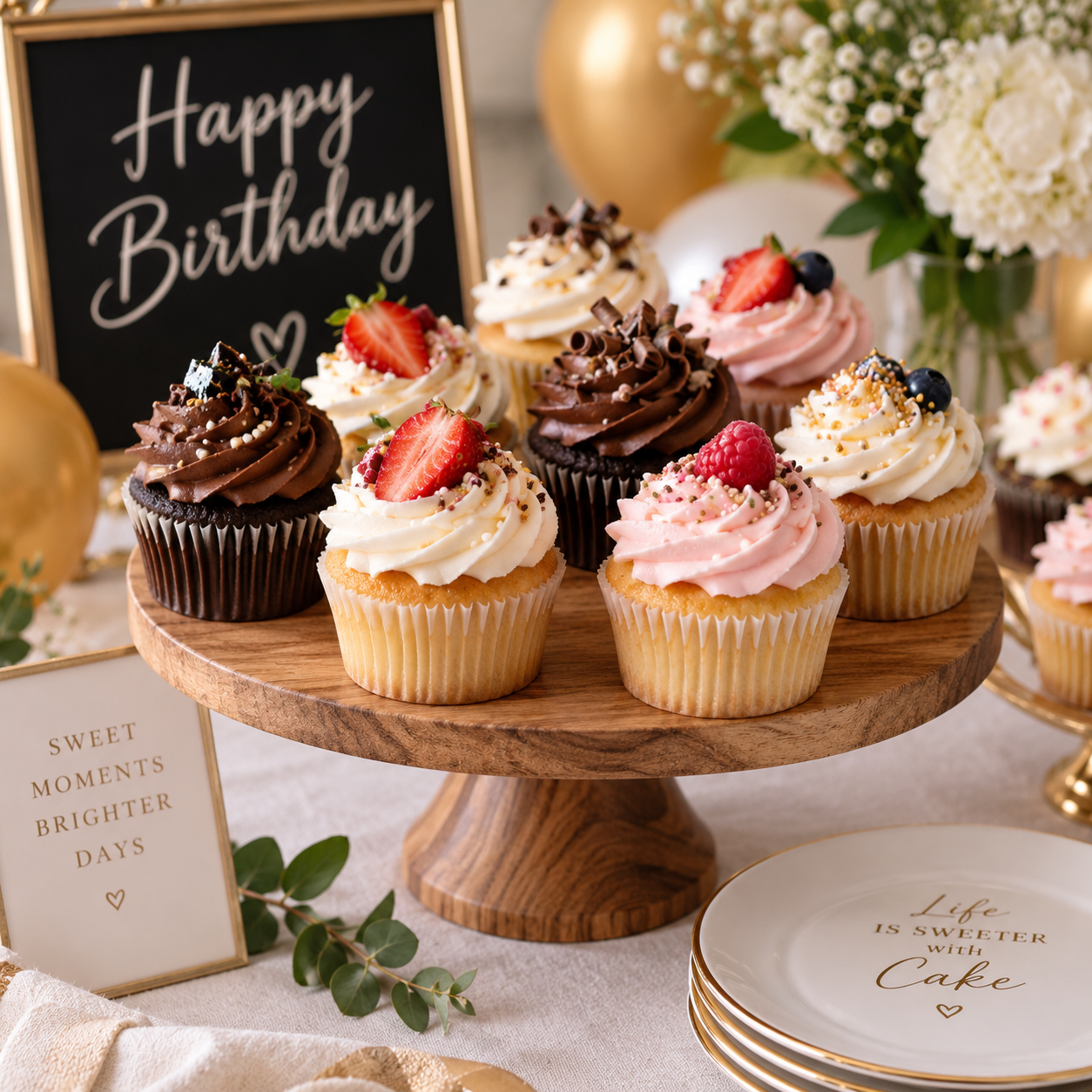 A dessert table featuring a variety of cupcakes with different frosting and fruit toppings, a blackboard with 'Happy Birthday' written on it, white flowers, gold balloons, and decorative signs with quotes about life and cake.