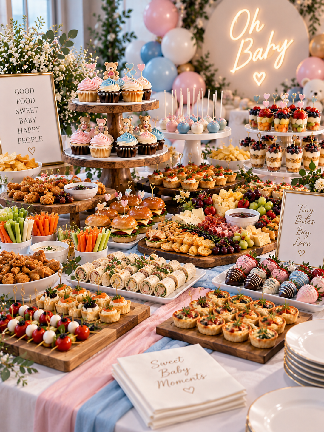 A dessert table at a baby shower with cupcakes, fruit, mini sandwiches, pastries, and cake pops, decorated with pastel balloons, flowers, and signs reading 'Good Food Sweet Baby Happy People' and 'Tiny Bites Big Love'. Light and colorful decor with a