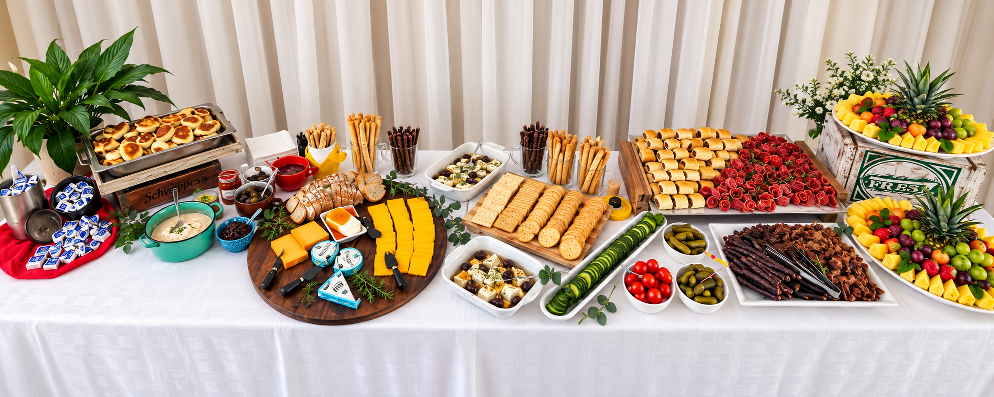 An extensive spread of breakfast or brunch food on a long table with a white tablecloth, including cheeses, crackers, fresh fruits, vegetables, cherry tomatoes, pickles, various breads, cookies, dips, and fresh greens, arranged neatly with decorative