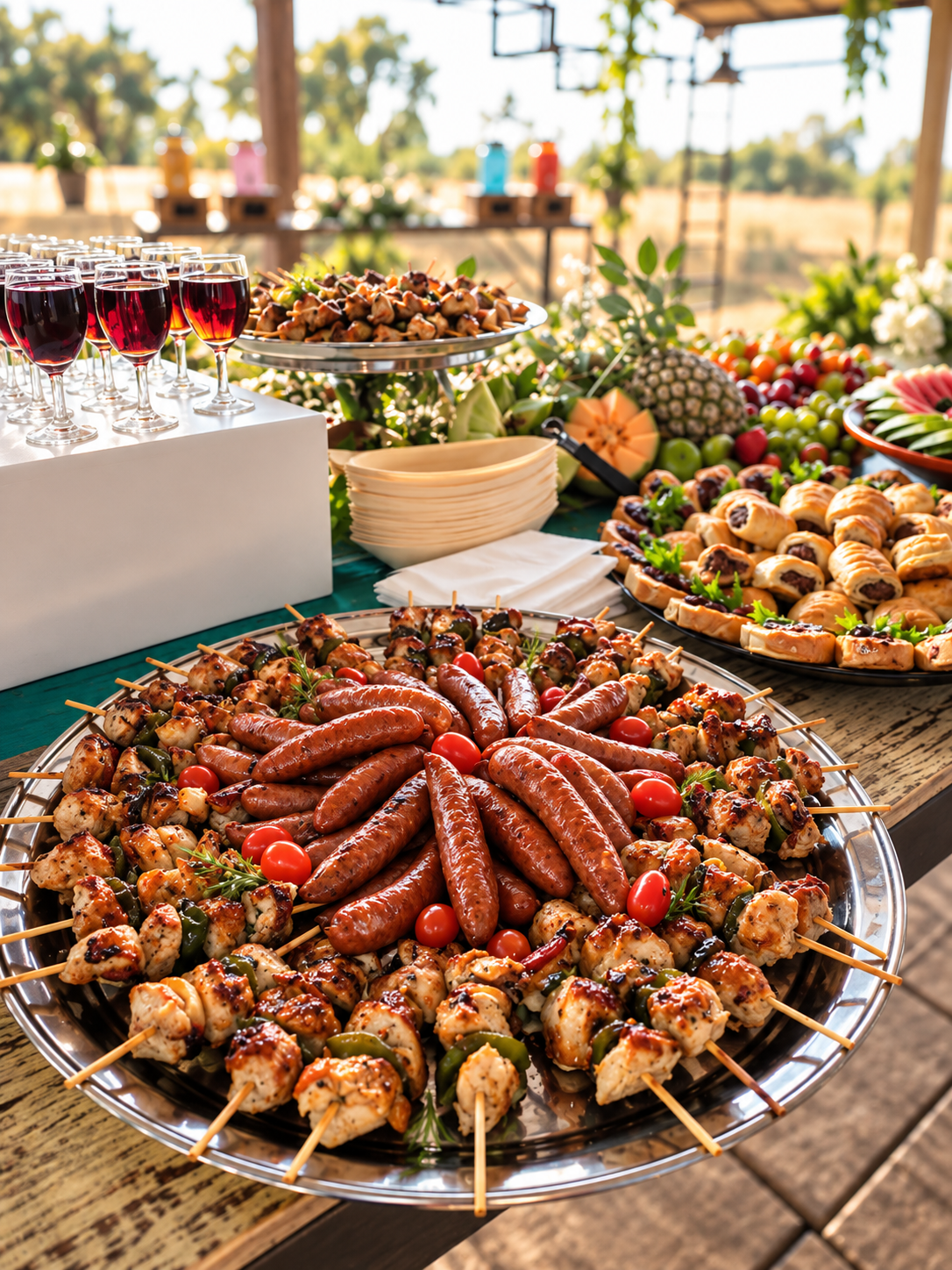 Variety of appetizers and beverages including grilled skewers, sausages, chocolates, sliced fruits, and glasses of red wine on a dessert table at an outdoor event.