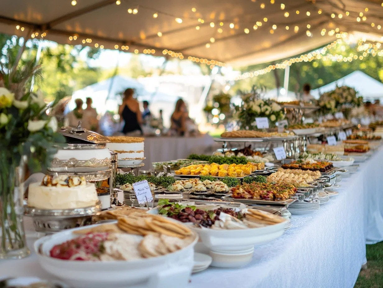 Buffet table at outdoor event with various dishes, desserts, and appetizers under a canopy with string lights, with people in the background.