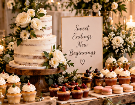 A wedding or celebration setup featuring a naked tiered cake decorated with white roses and greenery, alongside cupcakes and macarons, with a gold-framed sign that reads 'Sweet Endings, New Beginnings,' surrounded by flowers and candles.
