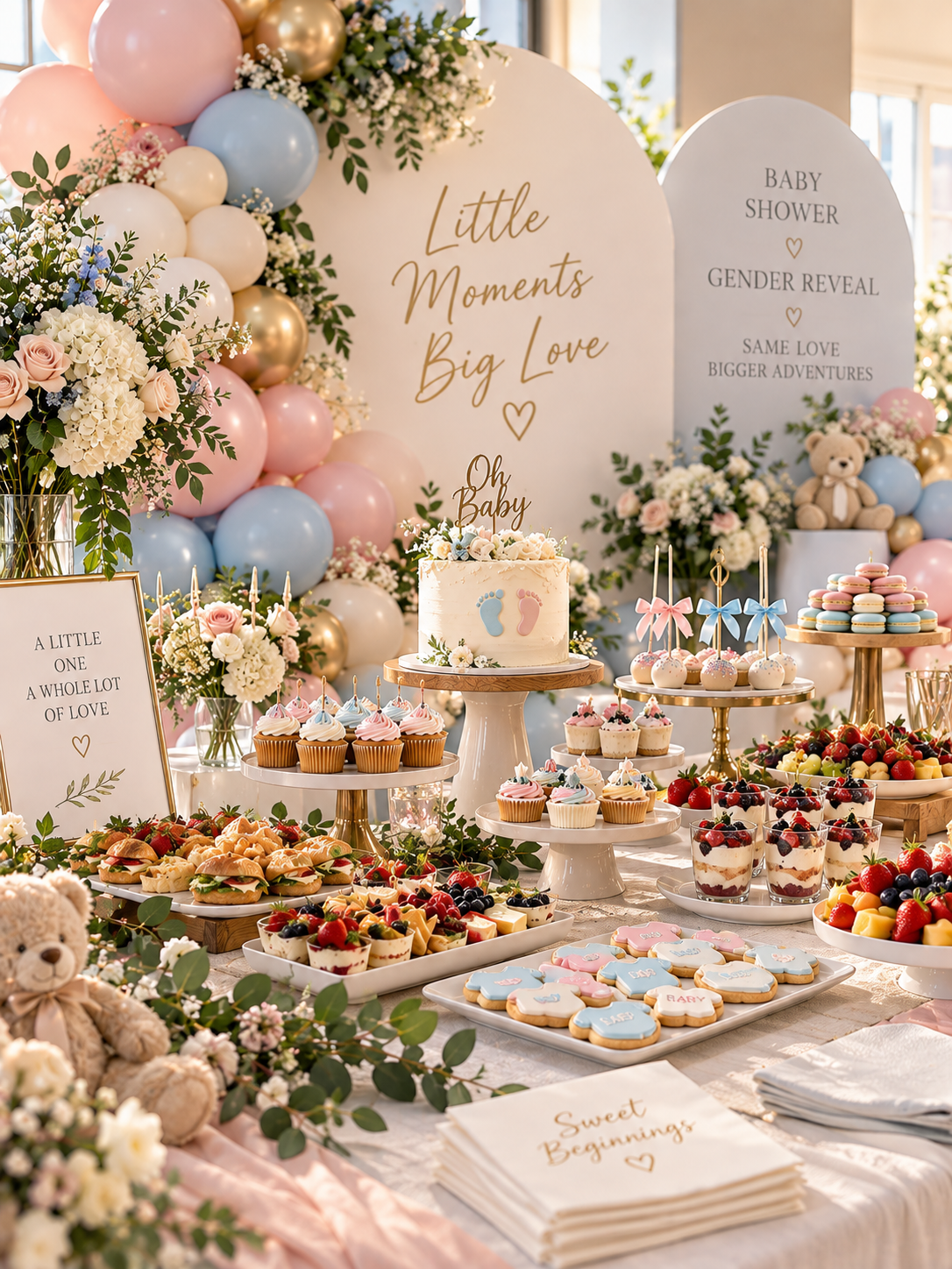 Decorated table for a gender reveal baby shower with pink, blue, and gold balloons, flowers, cupcakes, cake, macarons, fruit, and teddy bear, with signs that read 'Little Moments Big Love', 'Baby Shower Gender Reveal', and 'A Little One A Whole Lot O