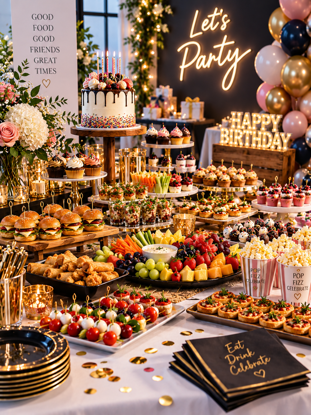 A decorated party table filled with cupcakes, fruit, savory snacks, and festive decorations including a large cake, balloons, and a "Let's Party" neon sign, celebrating a birthday.