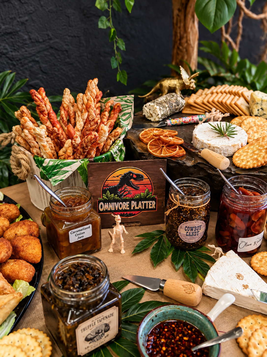 A cheese and snack platter labeled 'Omniivore Platter' with crackers, cheeses, dried oranges, jarred jams, and spicy sauces, decorated with green leaves and small toy dinosaurs.