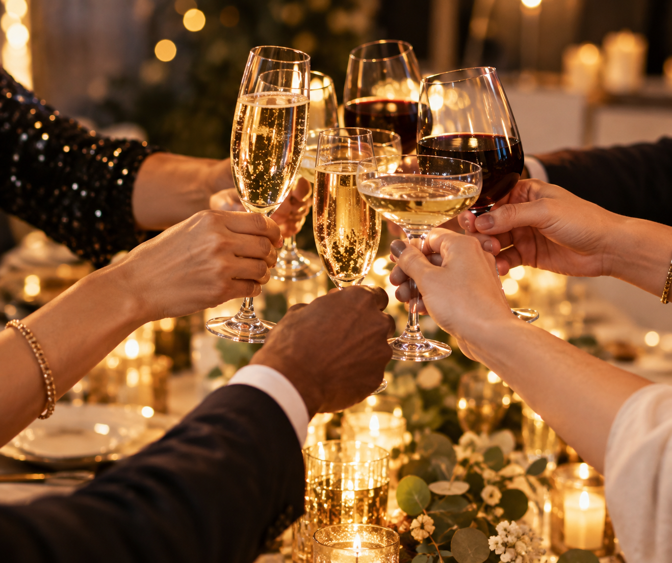 Multiple people clinking glasses of champagne, red wine, and white wine at a celebration dinner with candles and floral decorations in the background.