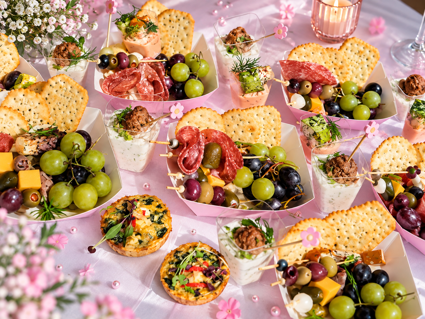 A table with pink tablecloth decorated with small pink flowers and pearls, holding an assortment of appetizers including crackers topped with meat, cheese, and vegetables, clear cups with hummus, grapes, and skewered meats, and mini vegetable quiches