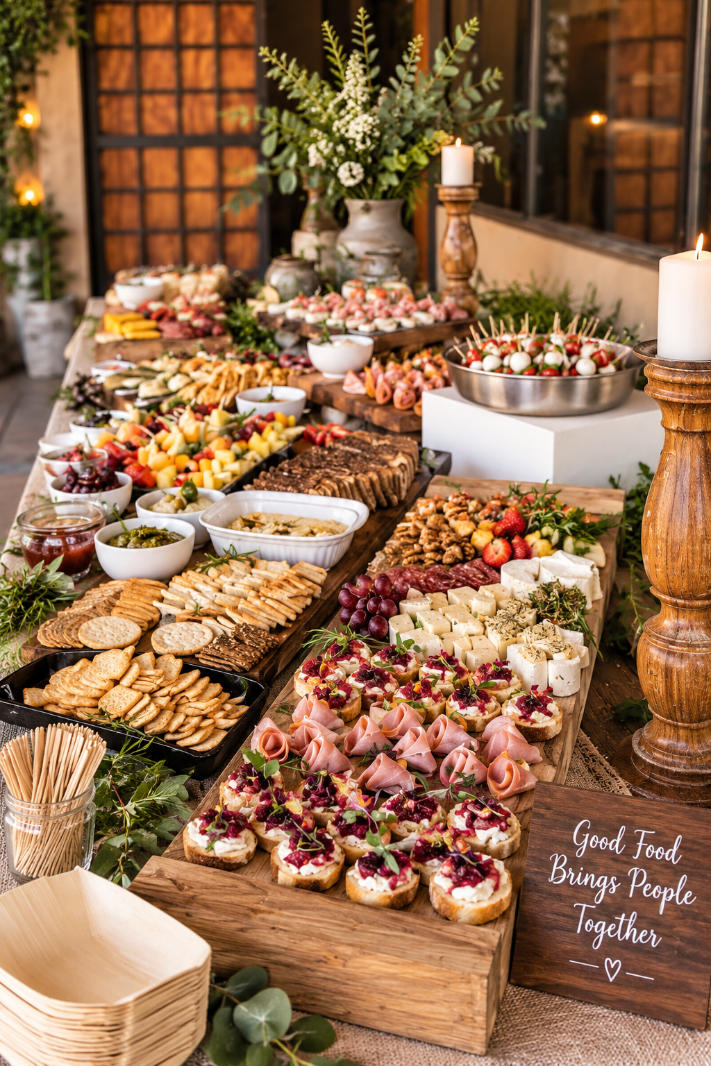 A table laden with various cheeses, fruits, crackers, and finger foods, decorated with candles and greenery, with a sign that says "Good Food Brings People Together."