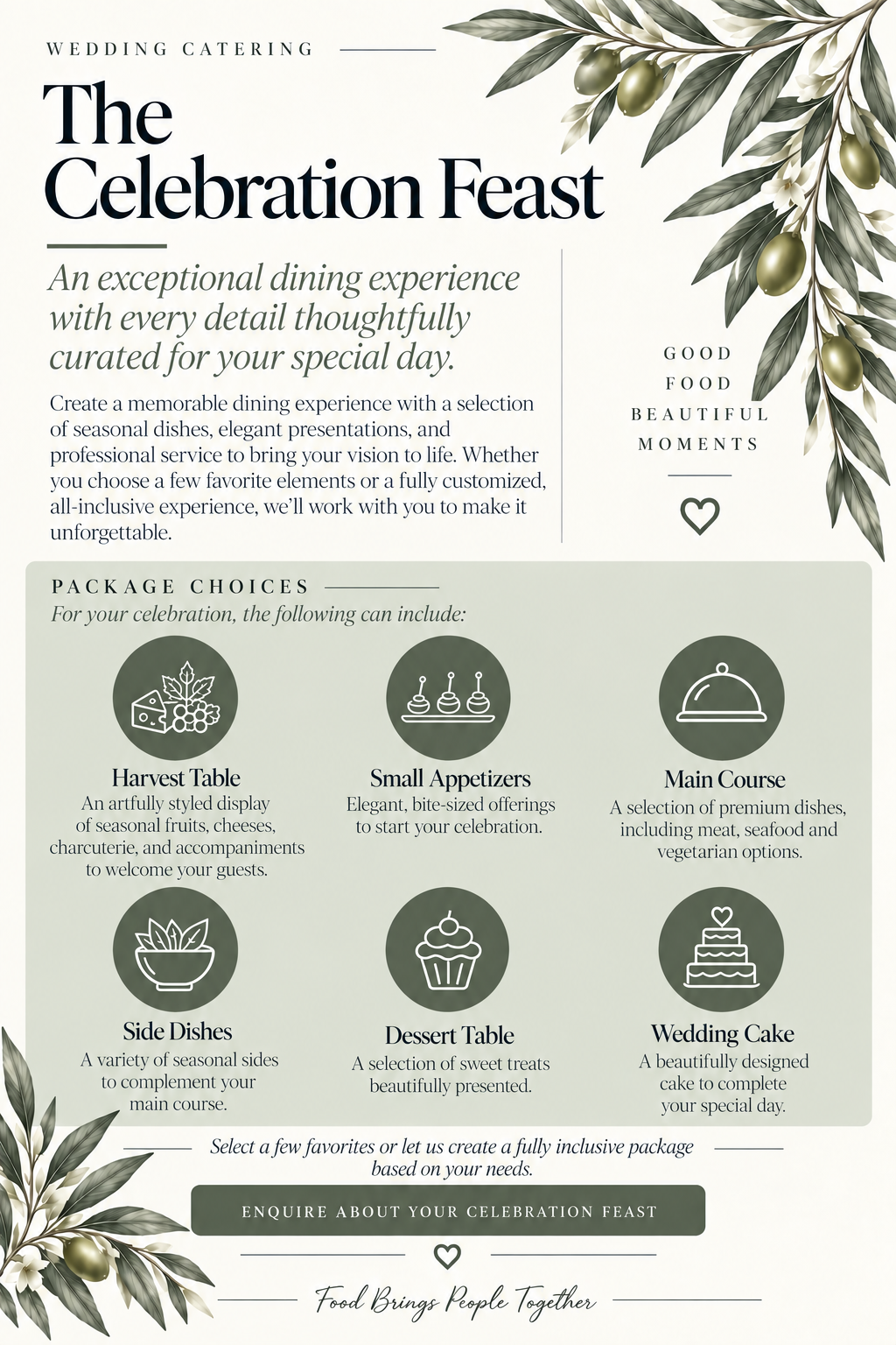 A wedding catering flyer titled 'The Celebration Feast' with a greenery and olive branch design at the top right and bottom left corners. The flyer promotes an elegant dining experience with options such as harvest table, small appetizers, main course, side dishes, dessert table, and wedding cake, emphasizing good food and beautiful moments.