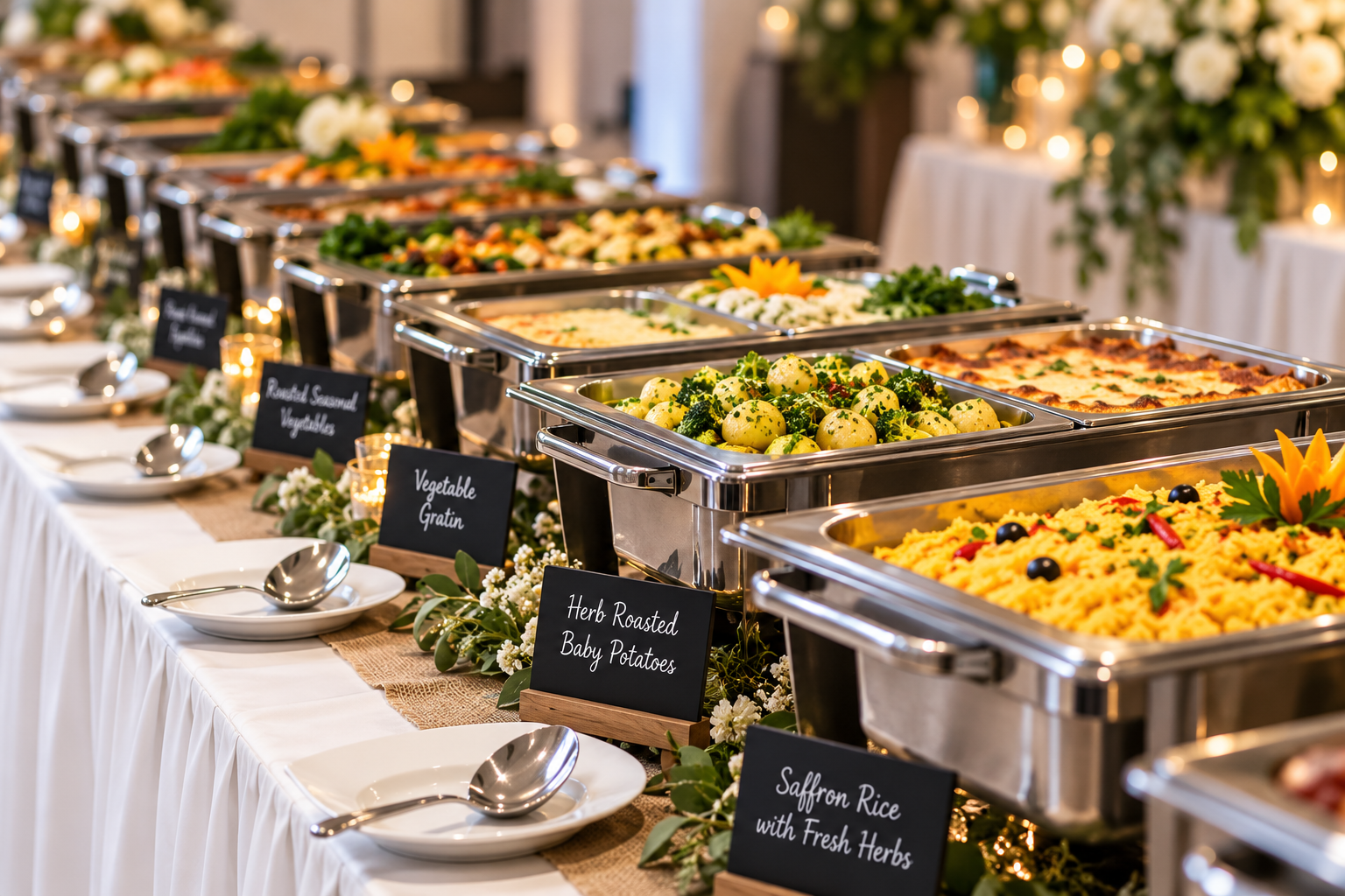 Buffet table with various dishes in chafing dishes, including herb roasted baby potatoes and saffron rice with herbs, decorated with flowers and small chalkboard signs labeling the dishes.