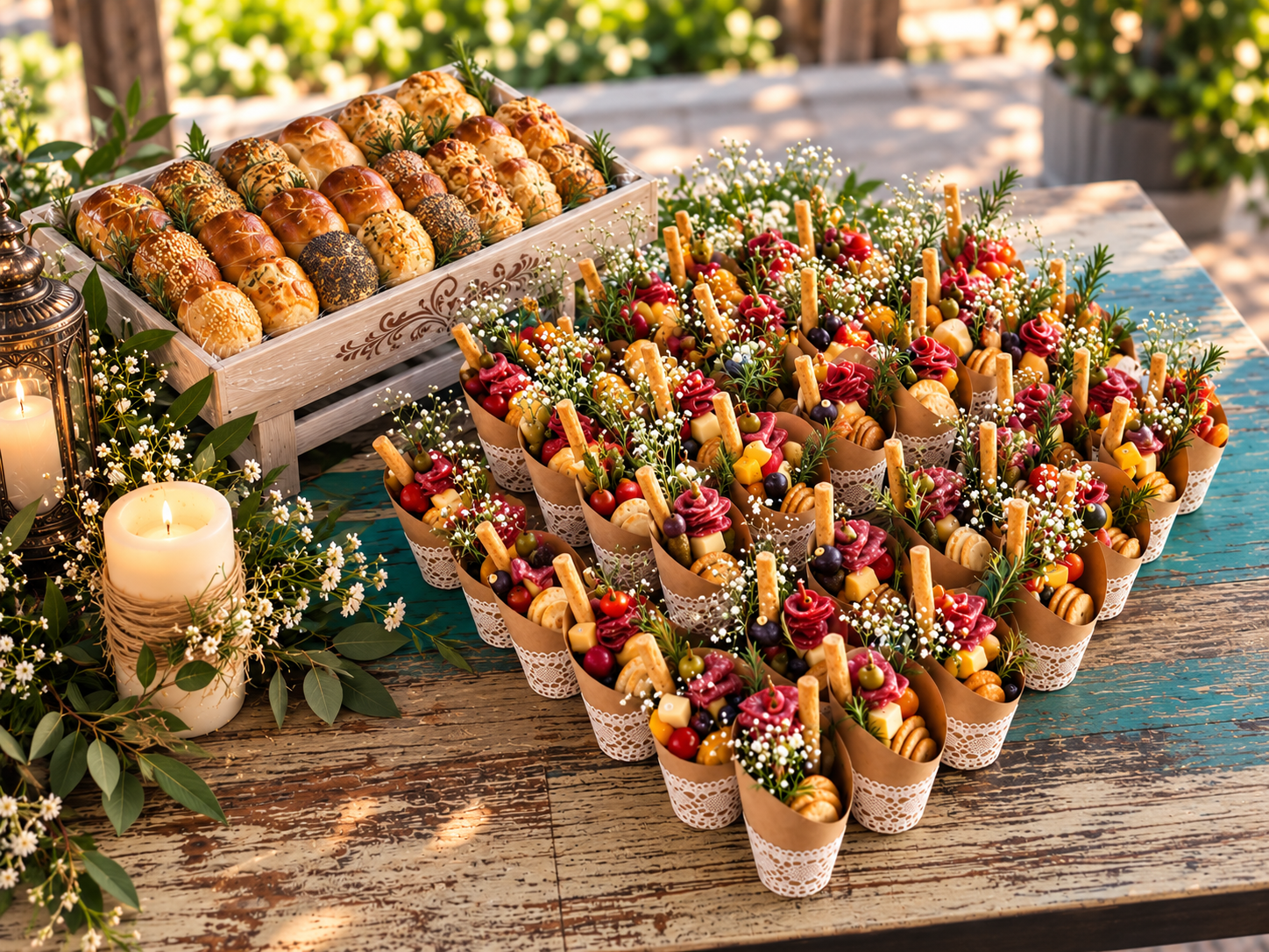 A table of colorful appetizers with small cones filled with cheese, grapes, cherry tomatoes, cracker, and herbs, surrounded by candles and flowers.