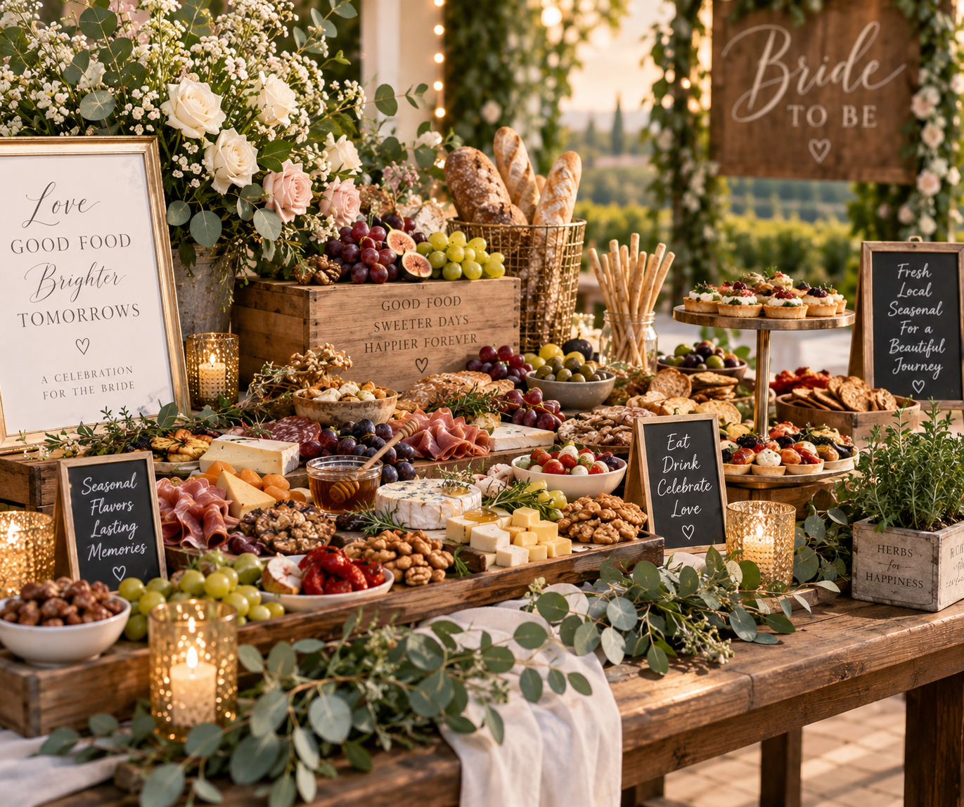 A beautifully decorated outdoor table at a wedding reception with a variety of cheeses, fruits, pastries, nuts, and small chalkboard signs, surrounded by floral arrangements and candles.