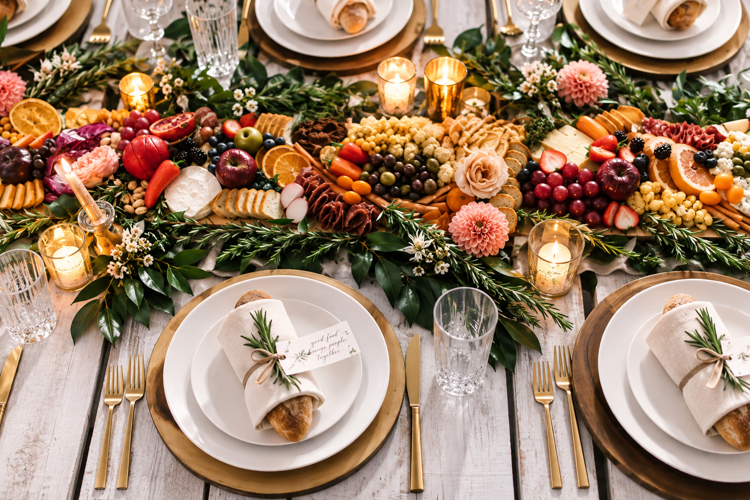 Table set for a holiday feast with a charcuterie and fruit platter, candles, and plates with napkins and rosemary decorations.