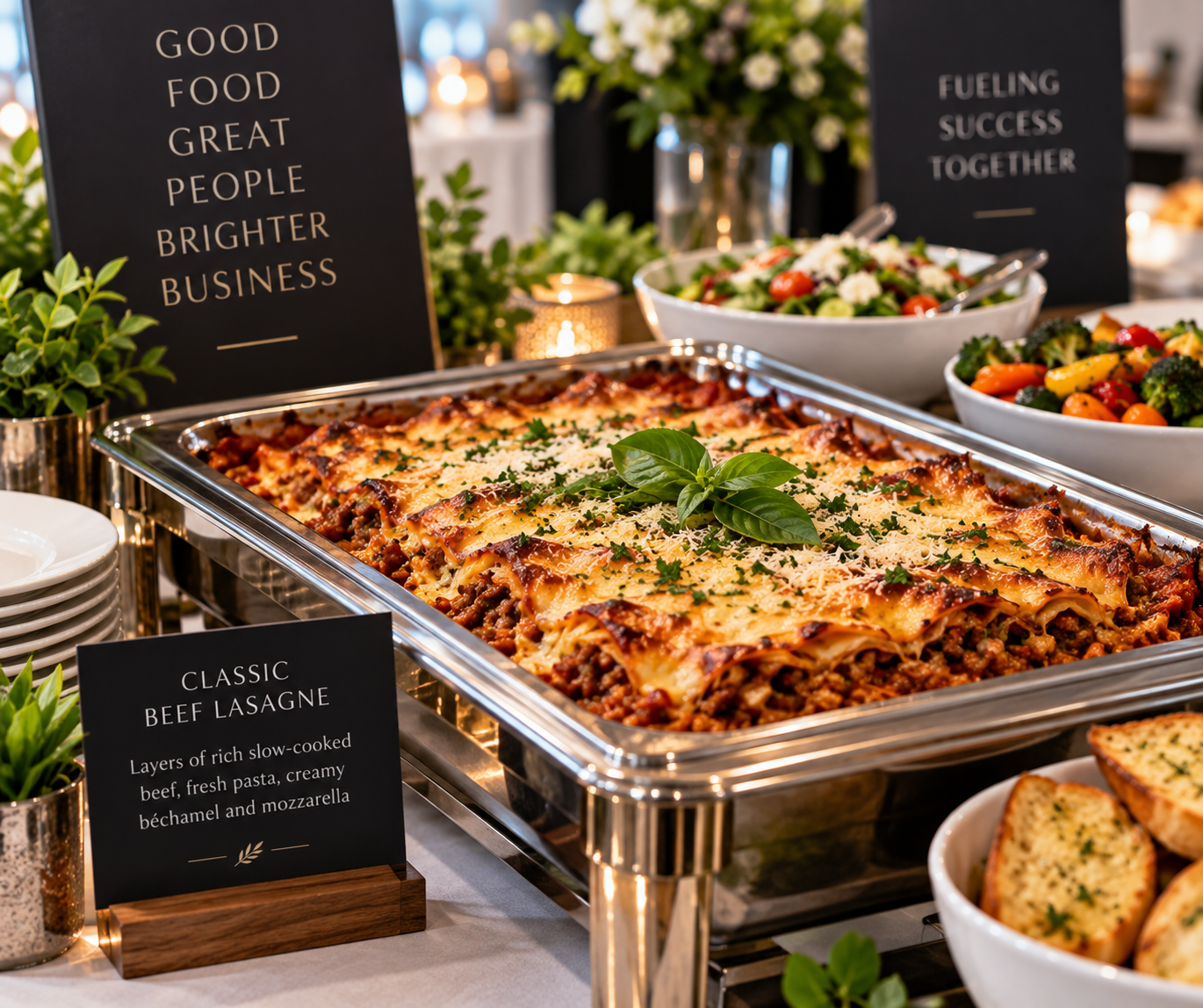 A buffet table featuring a tray of classic beef lasagne topped with basil and parsley, surrounded by bowls of fresh salad with cherry tomatoes, broccoli, and mixed greens, with decorative signs highlighting the food's qualities.