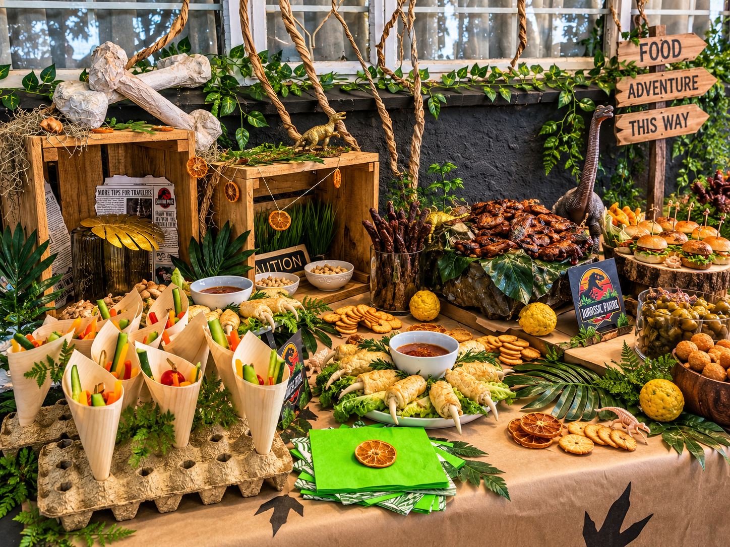 A Jurassic Park-themed food display with various snacks and decorations, including dinosaur figurines, greenery, and wooden signs pointing to food, adventure, and this way.