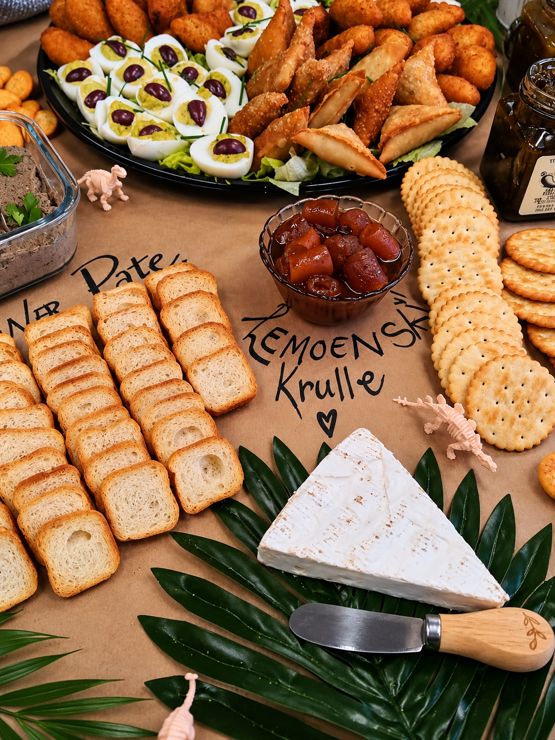 Assorted party snacks including toasted bread slices, a wedge of Brie cheese, a bowl of Orange zest curls , crackers, deviled eggs topped with olives, and various fried finger foods on a platter.