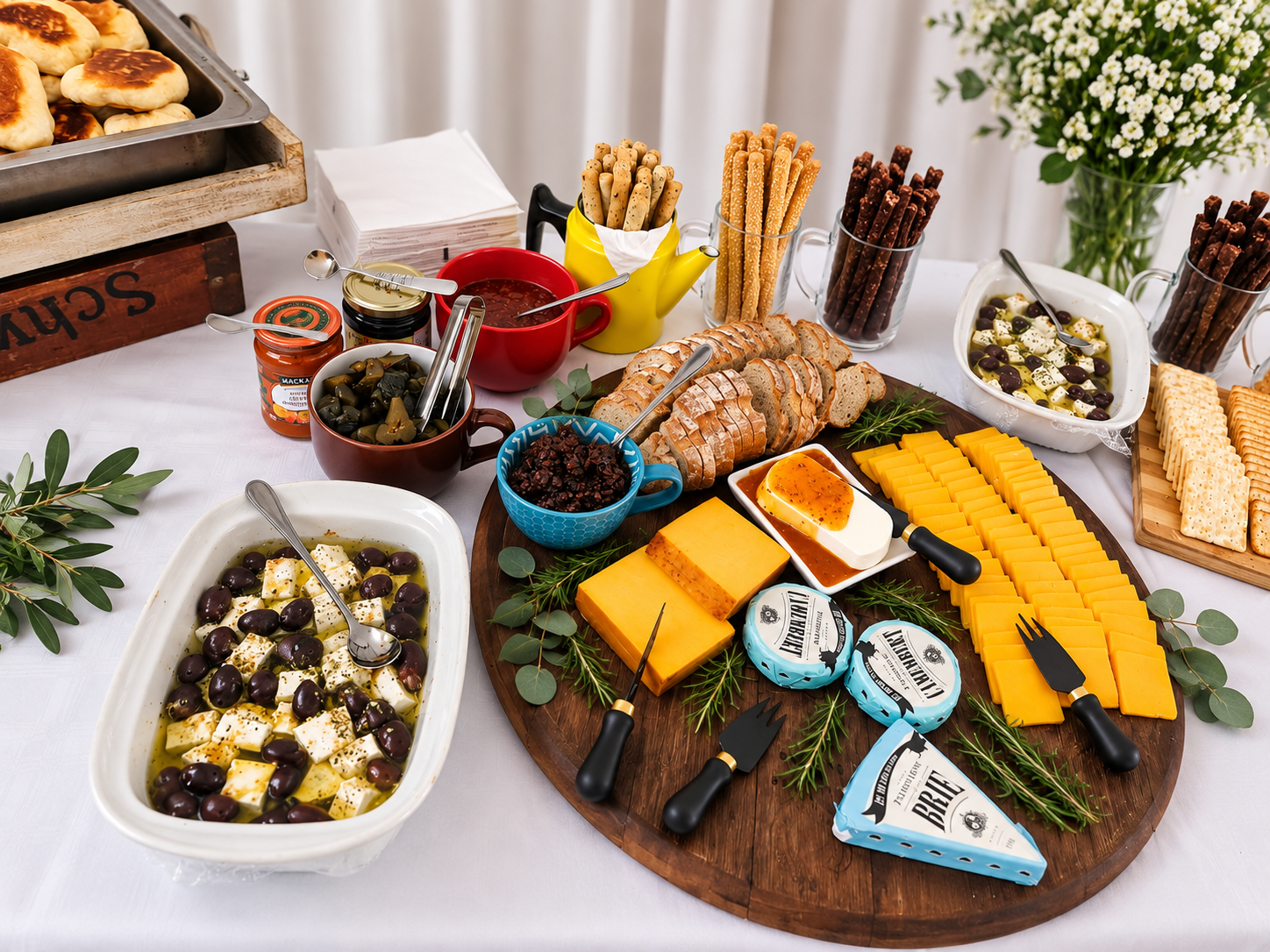 A cheese and snack platter including sliced bread, various cheeses, olives, jam, crackers, and condiments, arranged on a large wooden serving board, with additional snacks and dips in bowls.