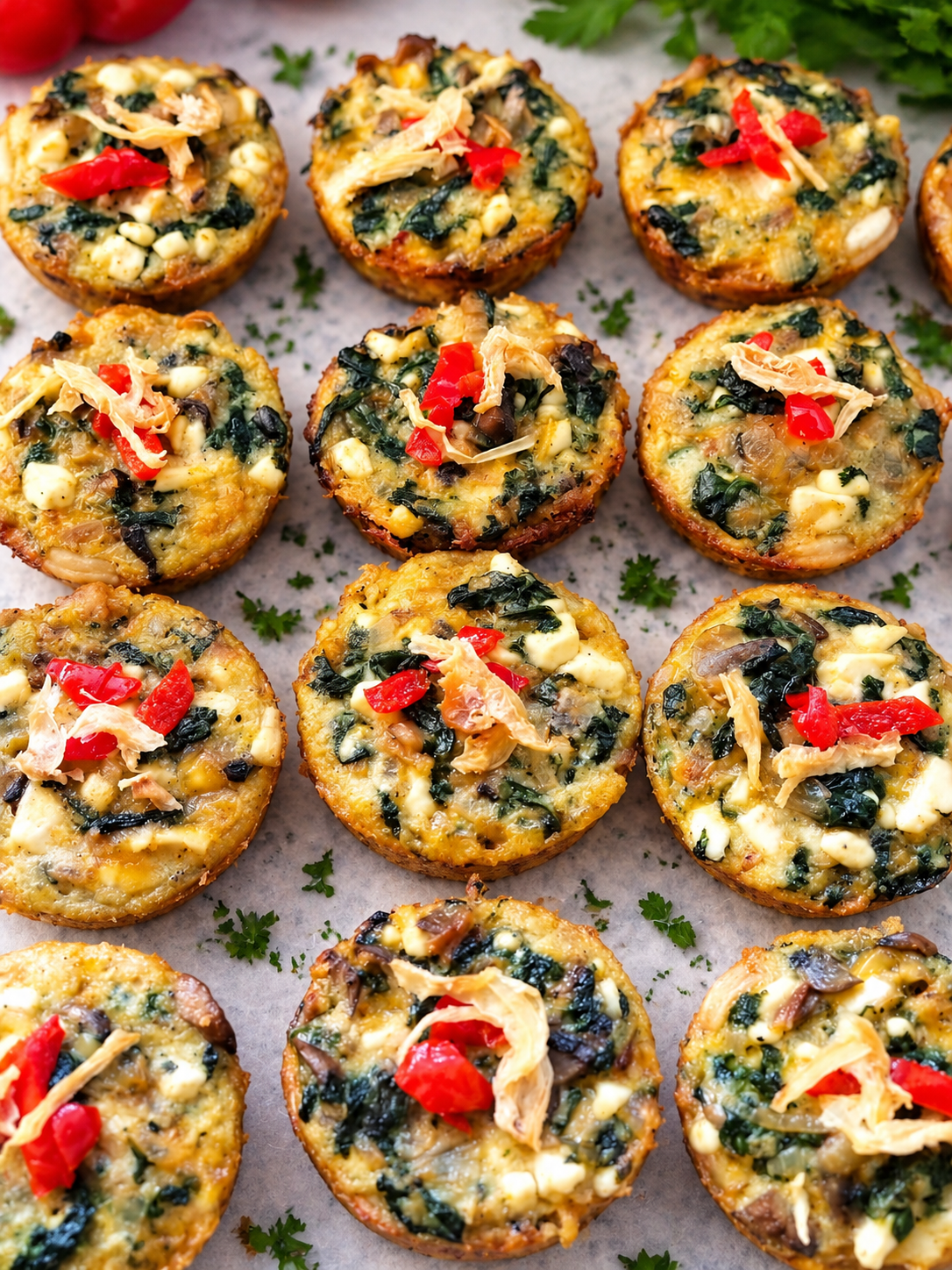 Baked mini Quiches topped with chopped red peppers, shredded chicken, spinach, cheese, and herbs, arranged on a baking sheet with parsley garnish.