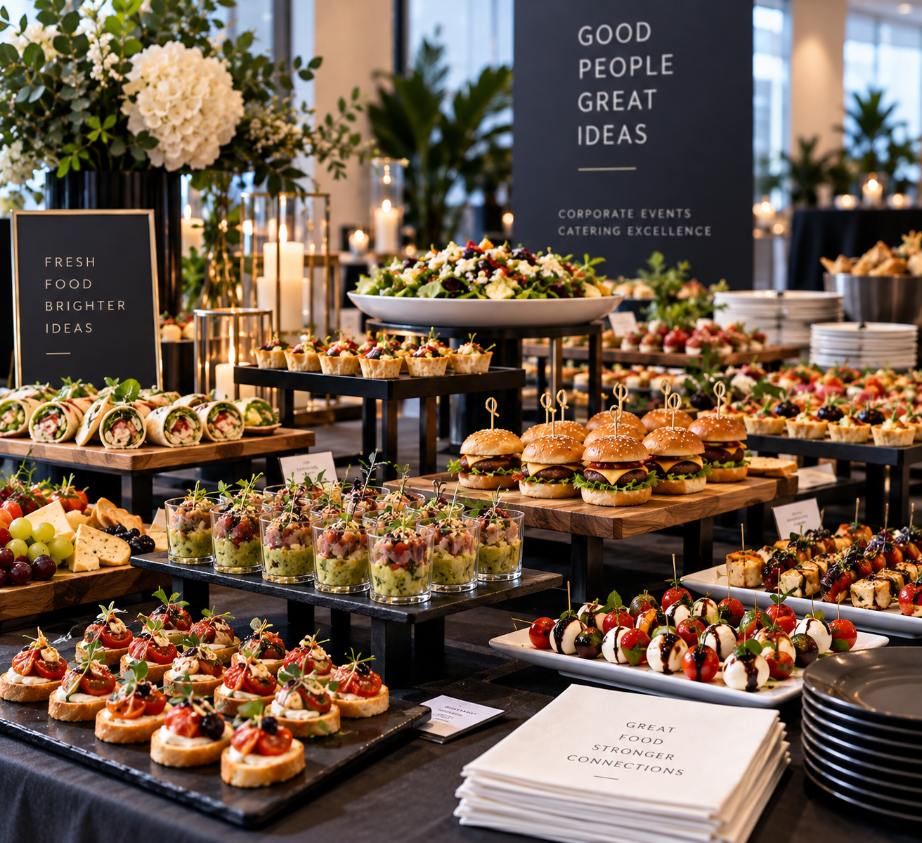 An elegant buffet table at a catering event featuring a variety of appetizers, salads, sliders, and finger foods with decorative signs and floral arrangements.