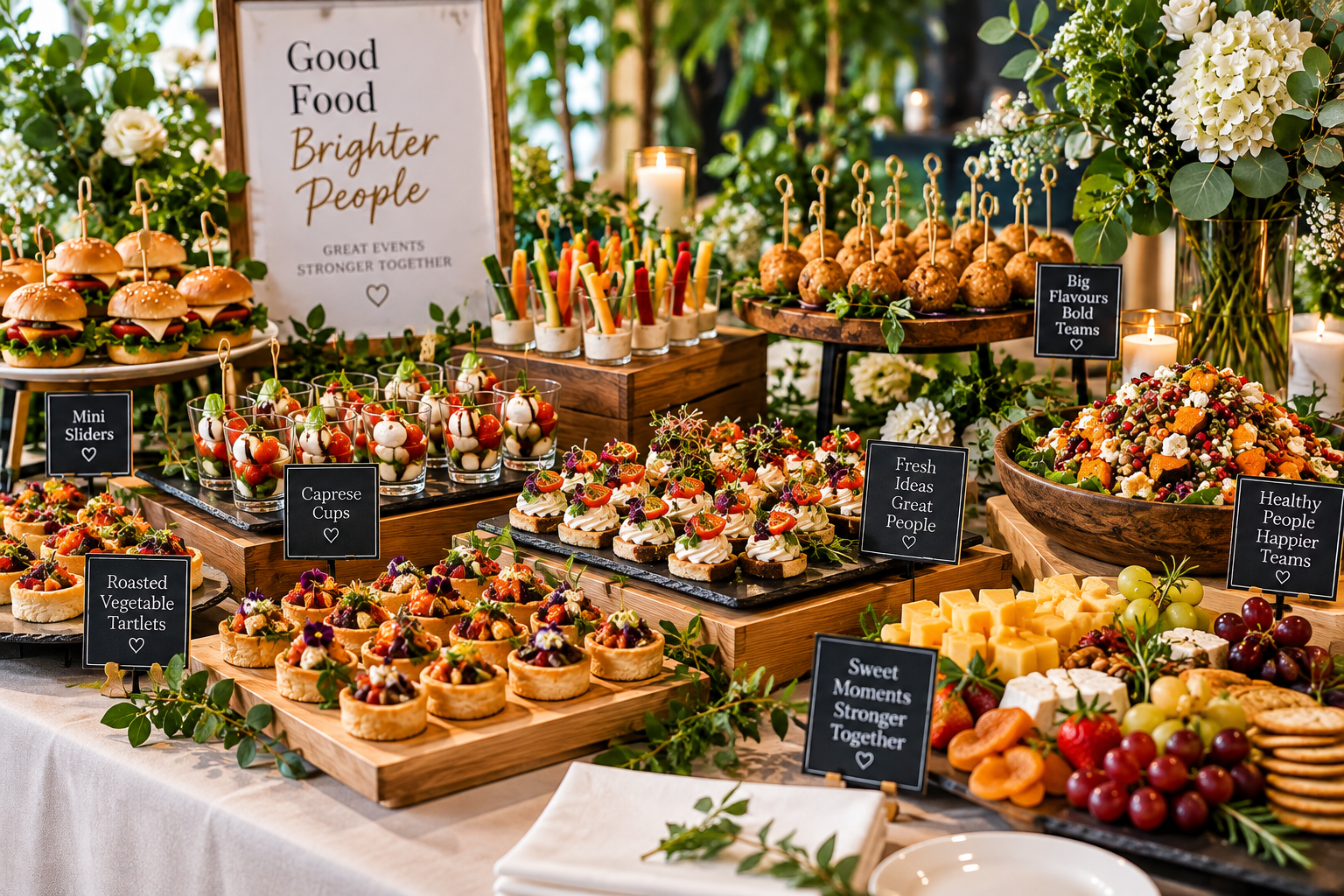 A buffet table with various snacks and finger foods, including mini sliders, Caprese cups, vegetable tartlets, decorated desserts, fruit salads, and cheese plates. There are signs with motivational messages such as "Good Food Brighter People" and labels for each food item, along with decorative flowers and candles.