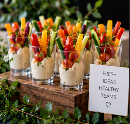 Clear cups filled with vegetables and dips, arranged on a wooden tray outside, decorated with cherry tomatoes, celery sticks, and carrot sticks, with a sign reading 'Fresh Ideas Healthy Teams' and greenery in the background.