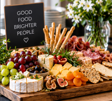 Cheese, grapes, sliced meats, breadsticks, and crackers on a wooden platter, with a sign that reads 'Good Food Brighter People'.