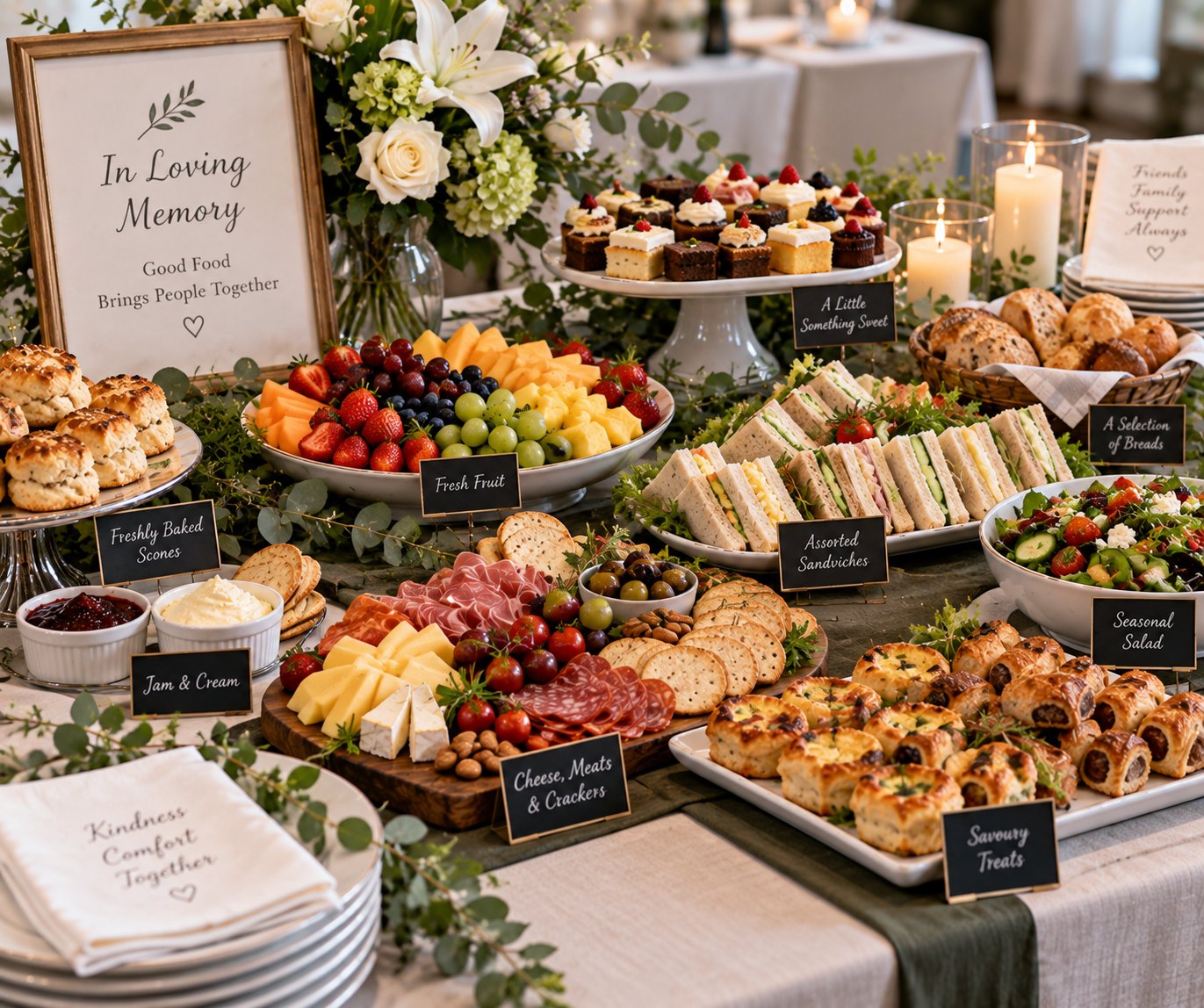 A buffet table with various breakfast and snack foods, including fresh fruit, baked goods, sandwiches, cheese and meats, and small desserts, with candles and floral arrangements as decoration.