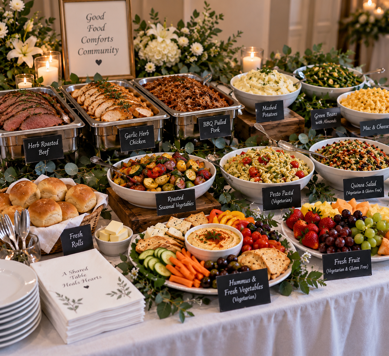 A buffet table with various dishes including herb roasted beef, garlic herb chicken, BBQ pulled pork, mashed potatoes, green beans with almonds, macaroni and cheese, quinoa salad, roasted seasonal vegetables, pasta salad, hummus with fresh vegetables, and various fresh fruits. There are candles, greenery, and a framed sign that reads 'Good Food Comforts Community'.